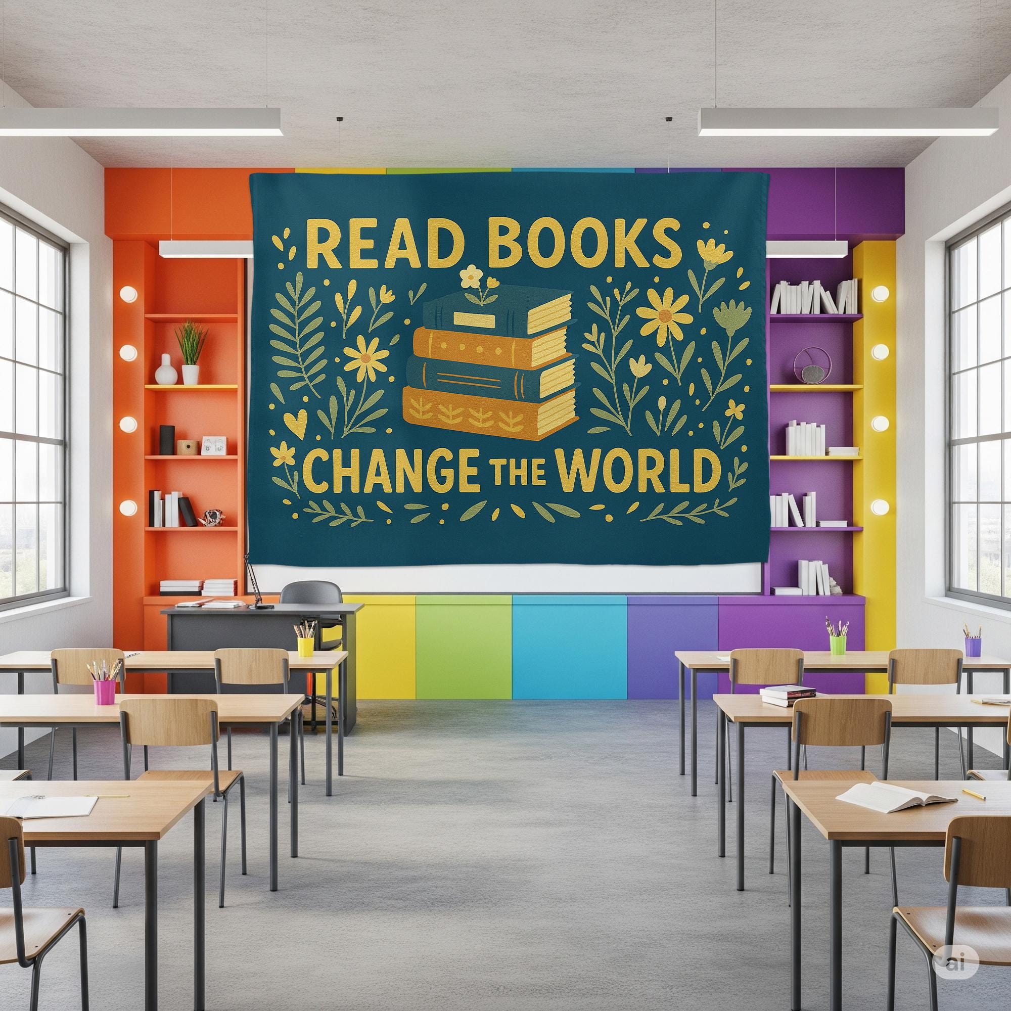 Read Books Change the World Tapestry | Inspirational Book Lover Wall Art | Library Classroom Decor | Cozy Literary Reading Banner