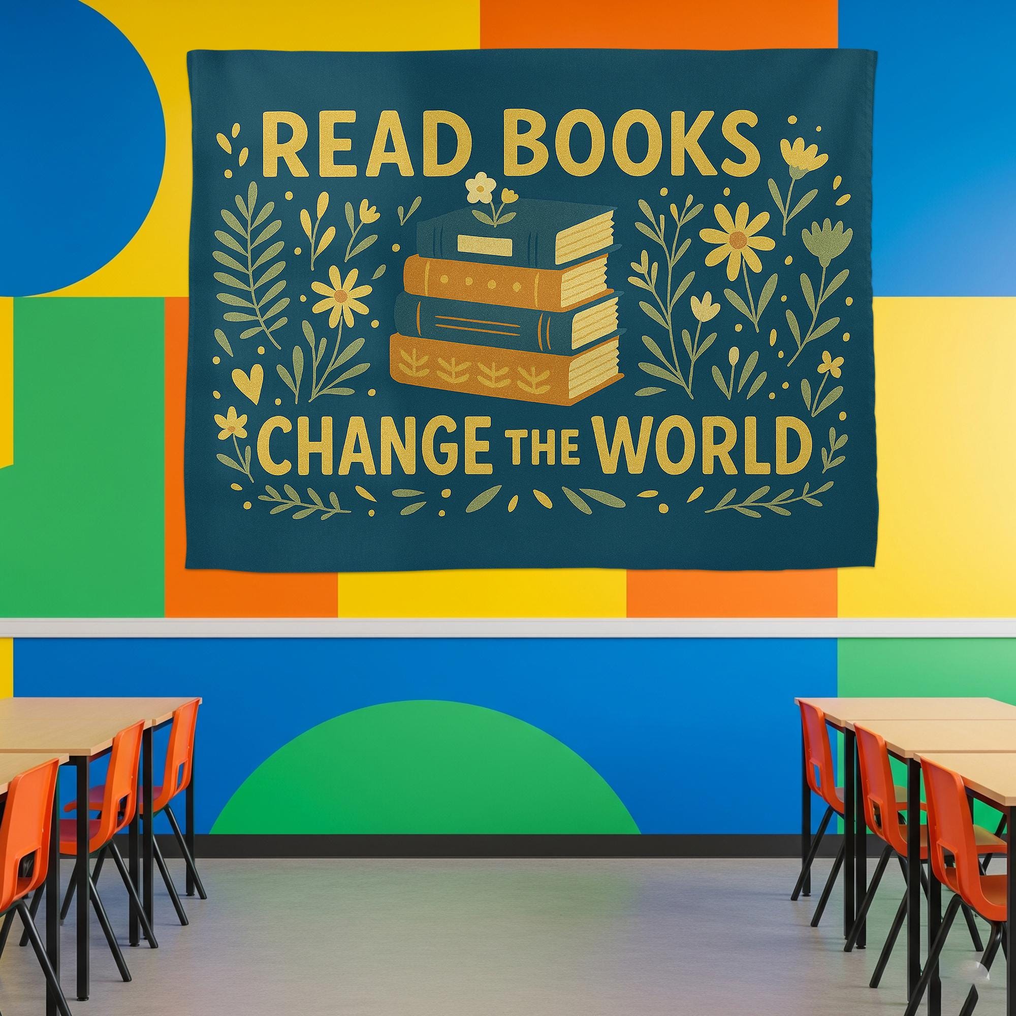 Read Books Change the World Tapestry | Inspirational Book Lover Wall Art | Library Classroom Decor | Cozy Literary Reading Banner