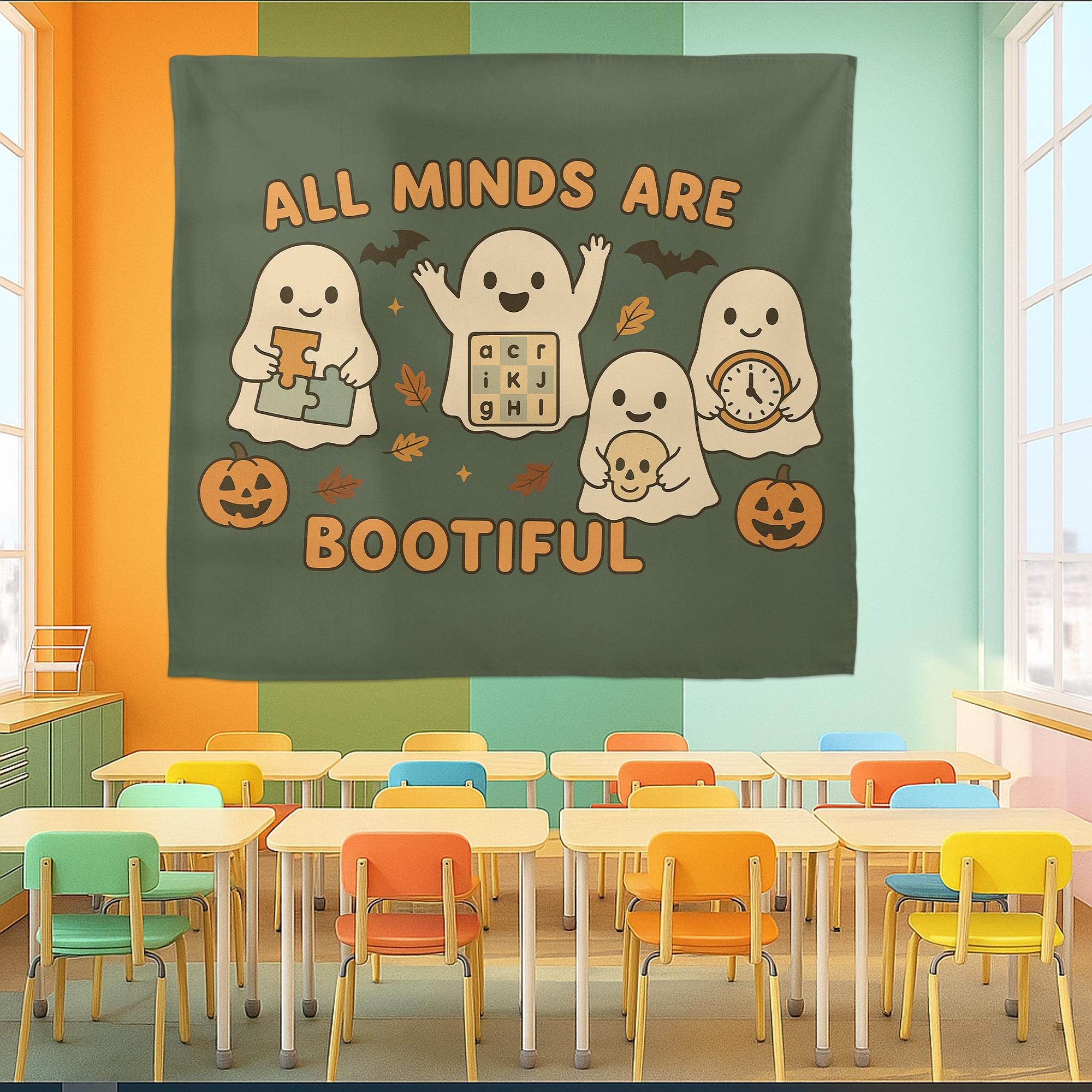 All Minds Are Bootiful Tapestry | Inclusive Halloween Classroom Decor | Neurodiversity Ghost Wall Banner | Cute Fall Teacher Wall Hanging