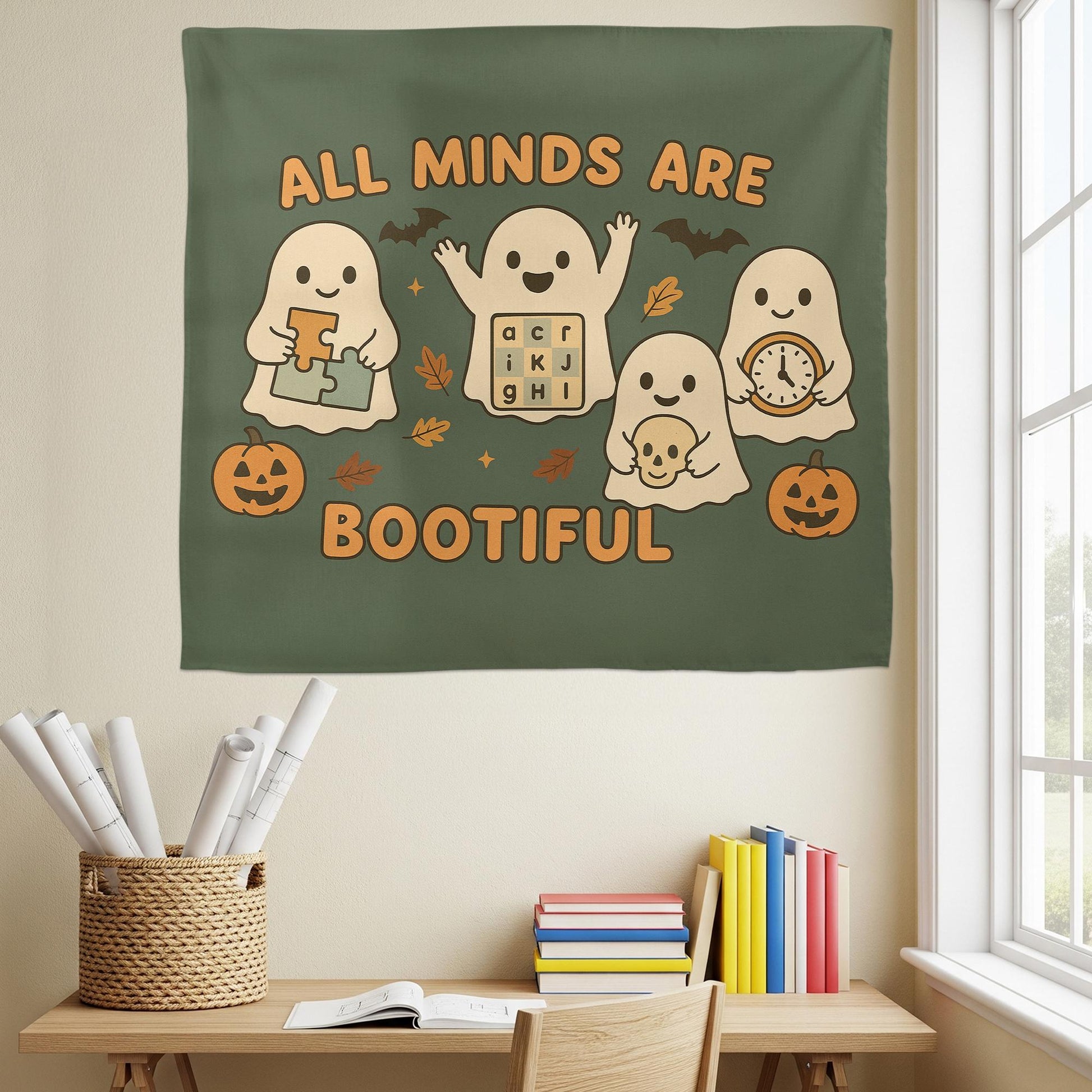 All Minds Are Bootiful Tapestry | Inclusive Halloween Classroom Decor | Neurodiversity Ghost Wall Banner | Cute Fall Teacher Wall Hanging
