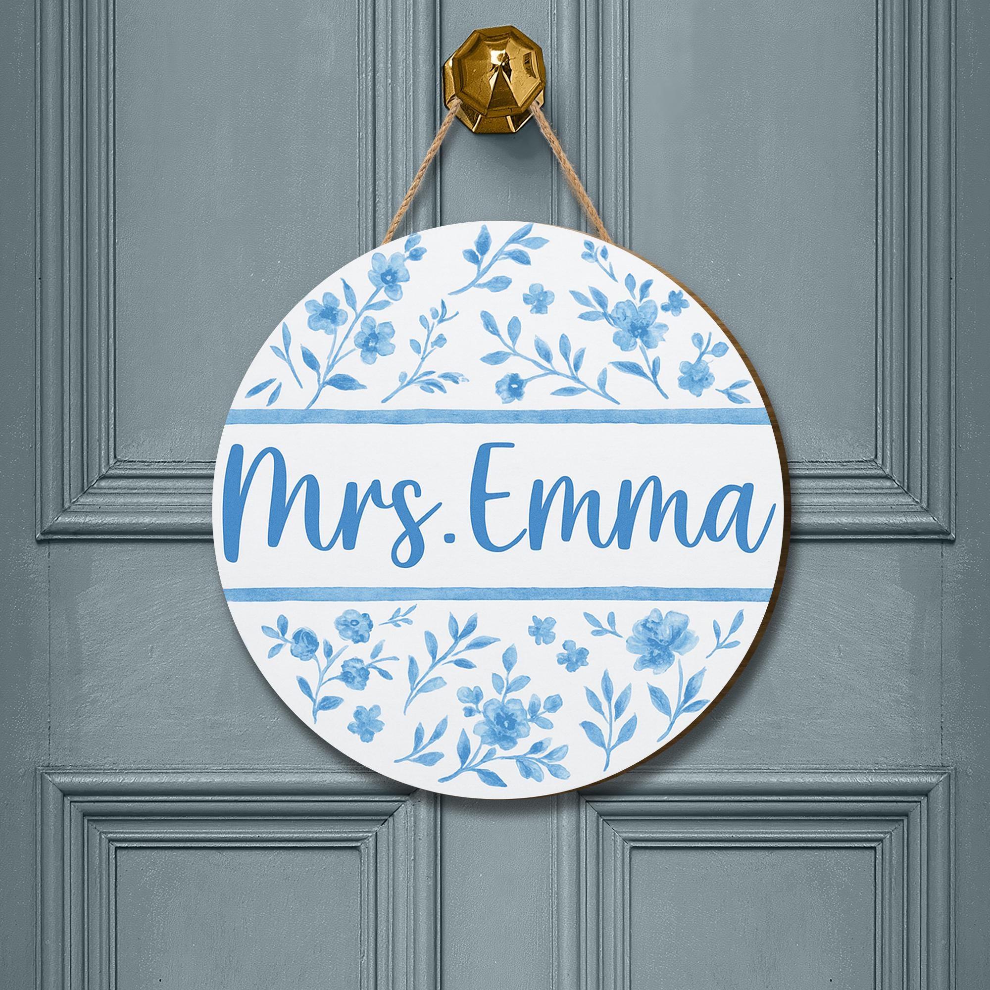 Custom Floral Door Sign – Personalized Teacher Name Sign – Blue Chinoiserie Classroom Decor – Round Hanging Sign for Office or Home
