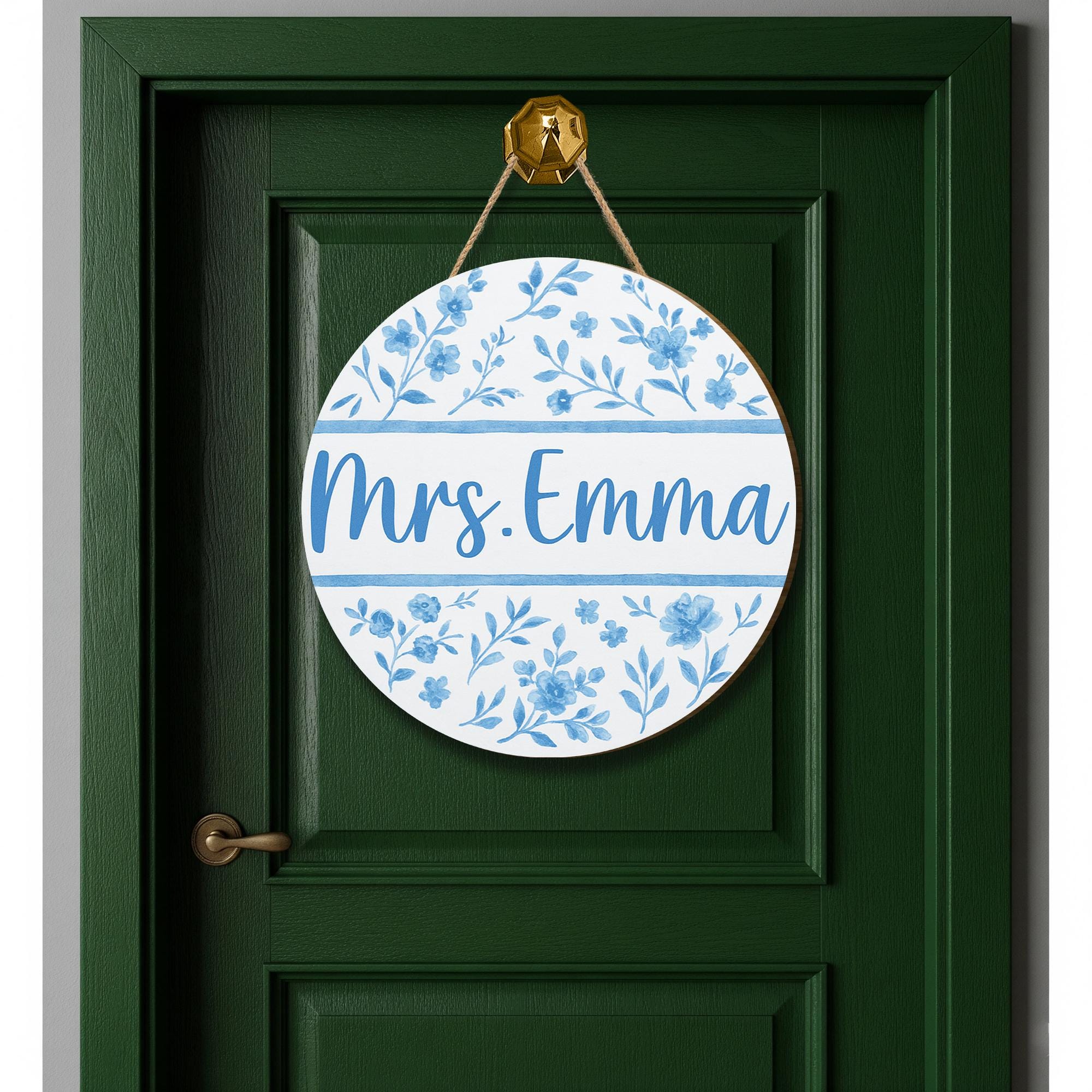 Custom Floral Door Sign – Personalized Teacher Name Sign – Blue Chinoiserie Classroom Decor – Round Hanging Sign for Office or Home