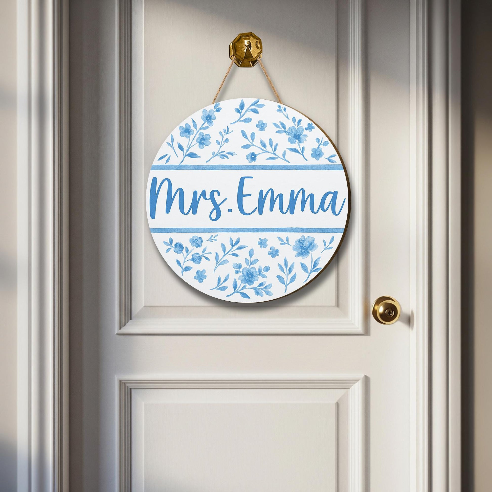 Custom Floral Door Sign – Personalized Teacher Name Sign – Blue Chinoiserie Classroom Decor – Round Hanging Sign for Office or Home