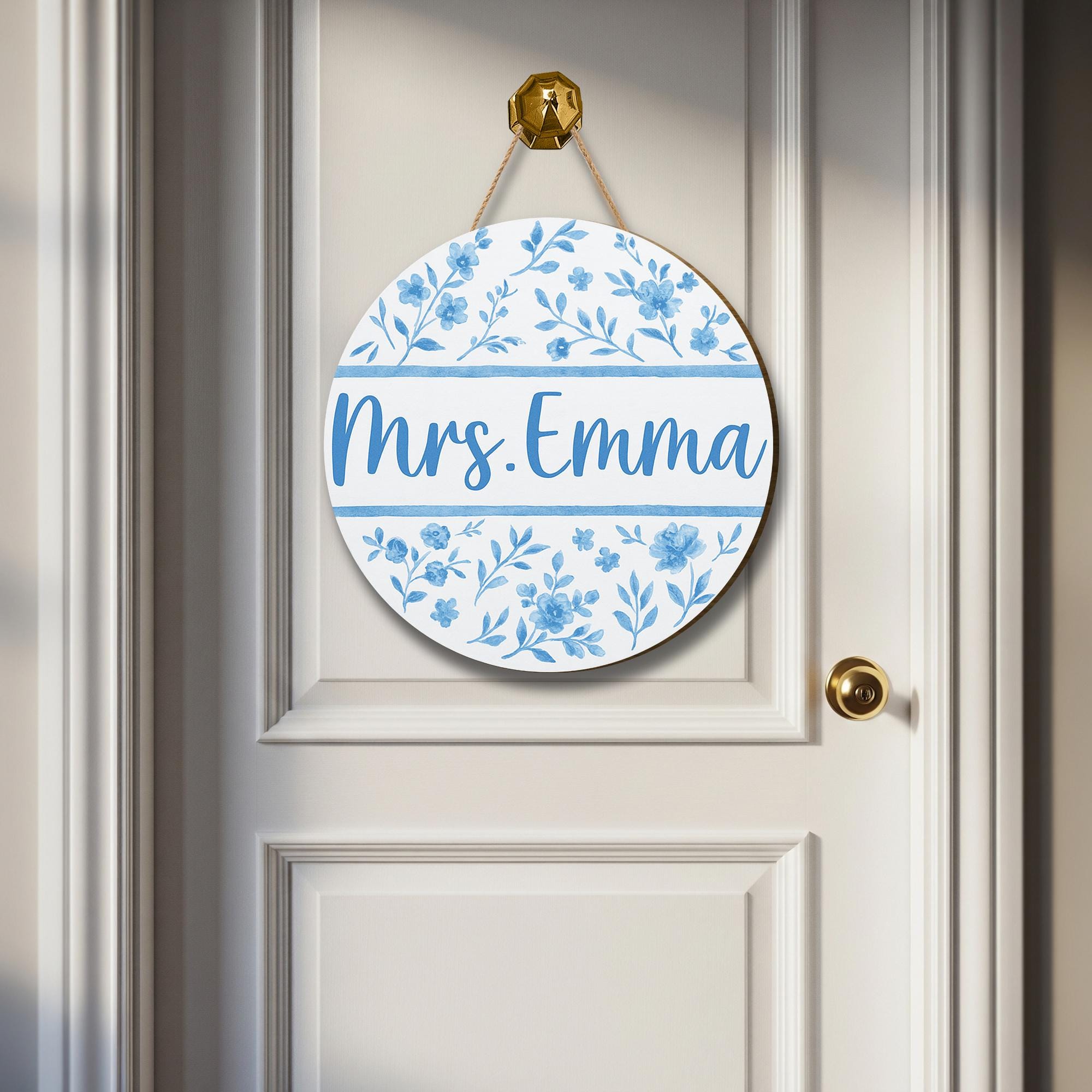 Custom Floral Door Sign – Personalized Teacher Name Sign – Blue Chinoiserie Classroom Decor – Round Hanging Sign for Office or Home