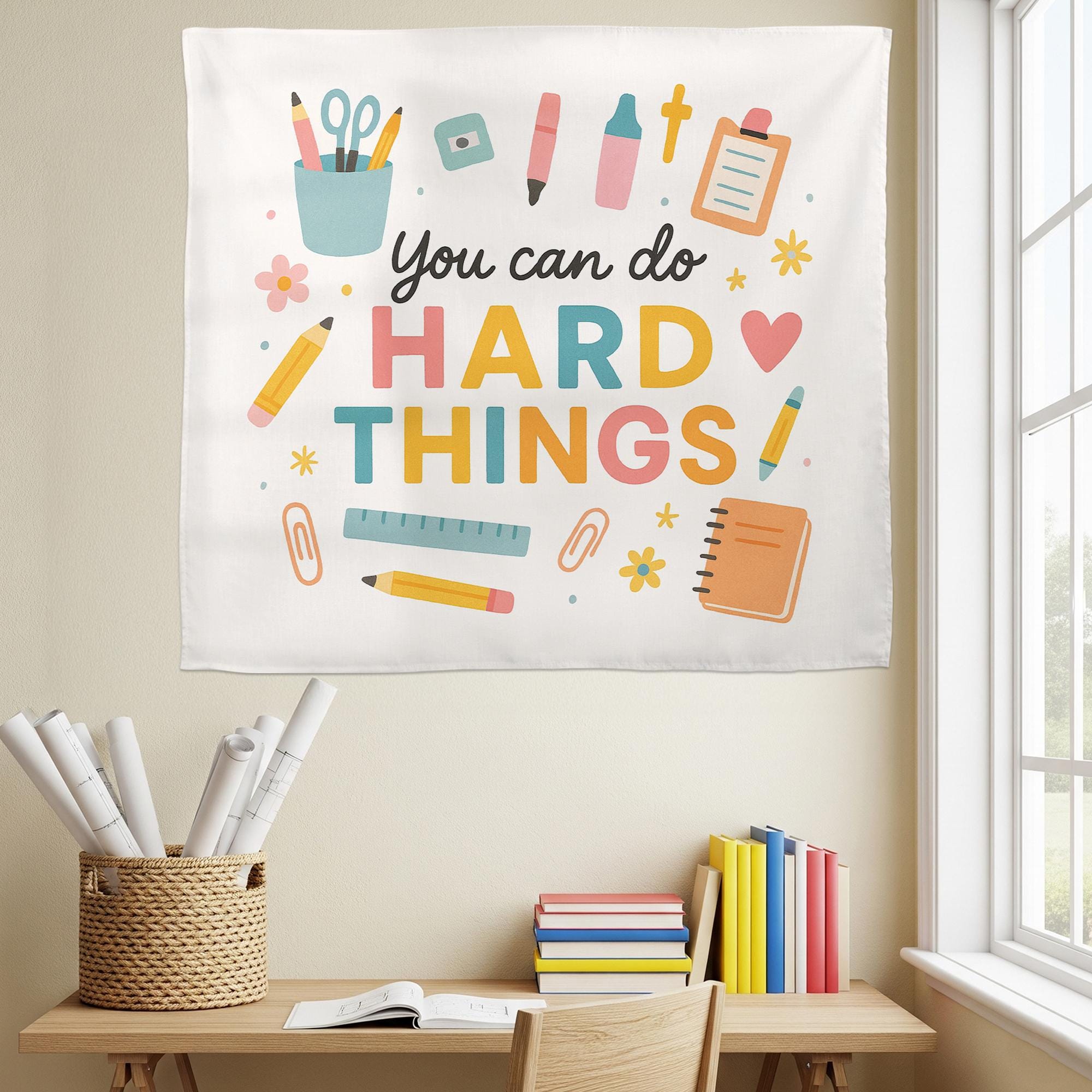 You Can Do Hard Things Classroom Tapestry, Motivational Teacher Wall Decor, Positive Quote Banner, School Office Poster Sign