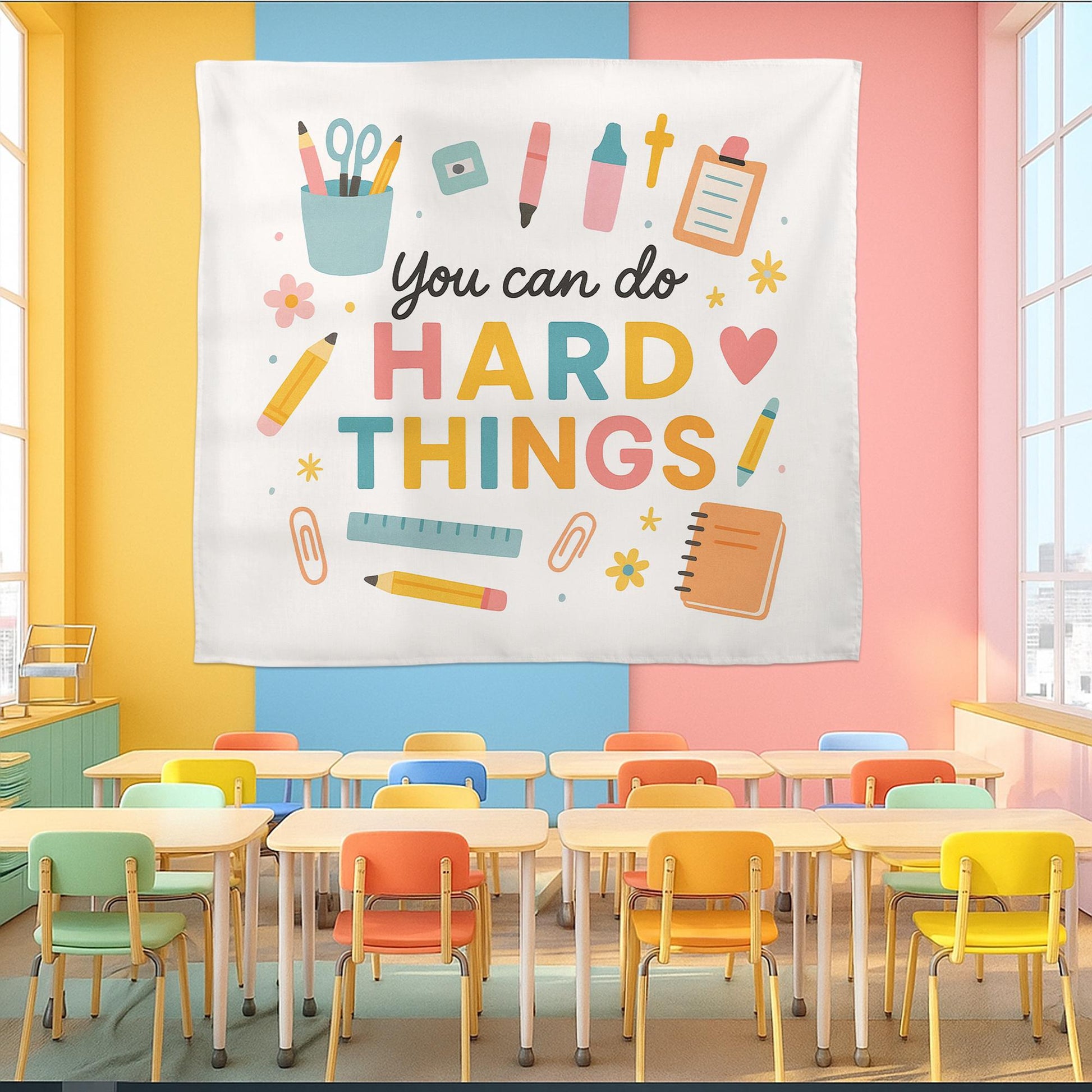 You Can Do Hard Things Classroom Tapestry, Motivational Teacher Wall Decor, Positive Quote Banner, School Office Poster Sign