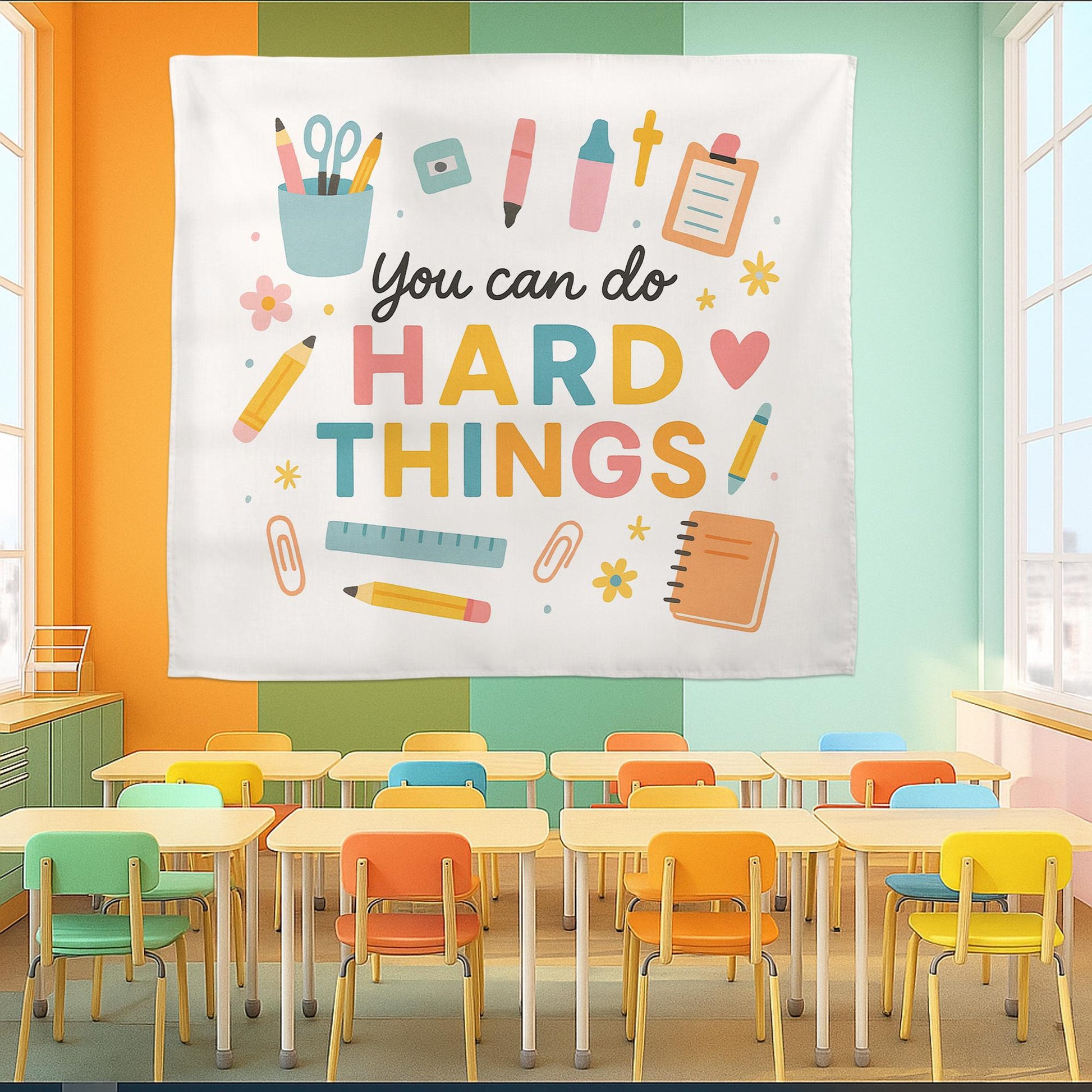 You Can Do Hard Things Classroom Tapestry, Motivational Teacher Wall Decor, Positive Quote Banner, School Office Poster Sign