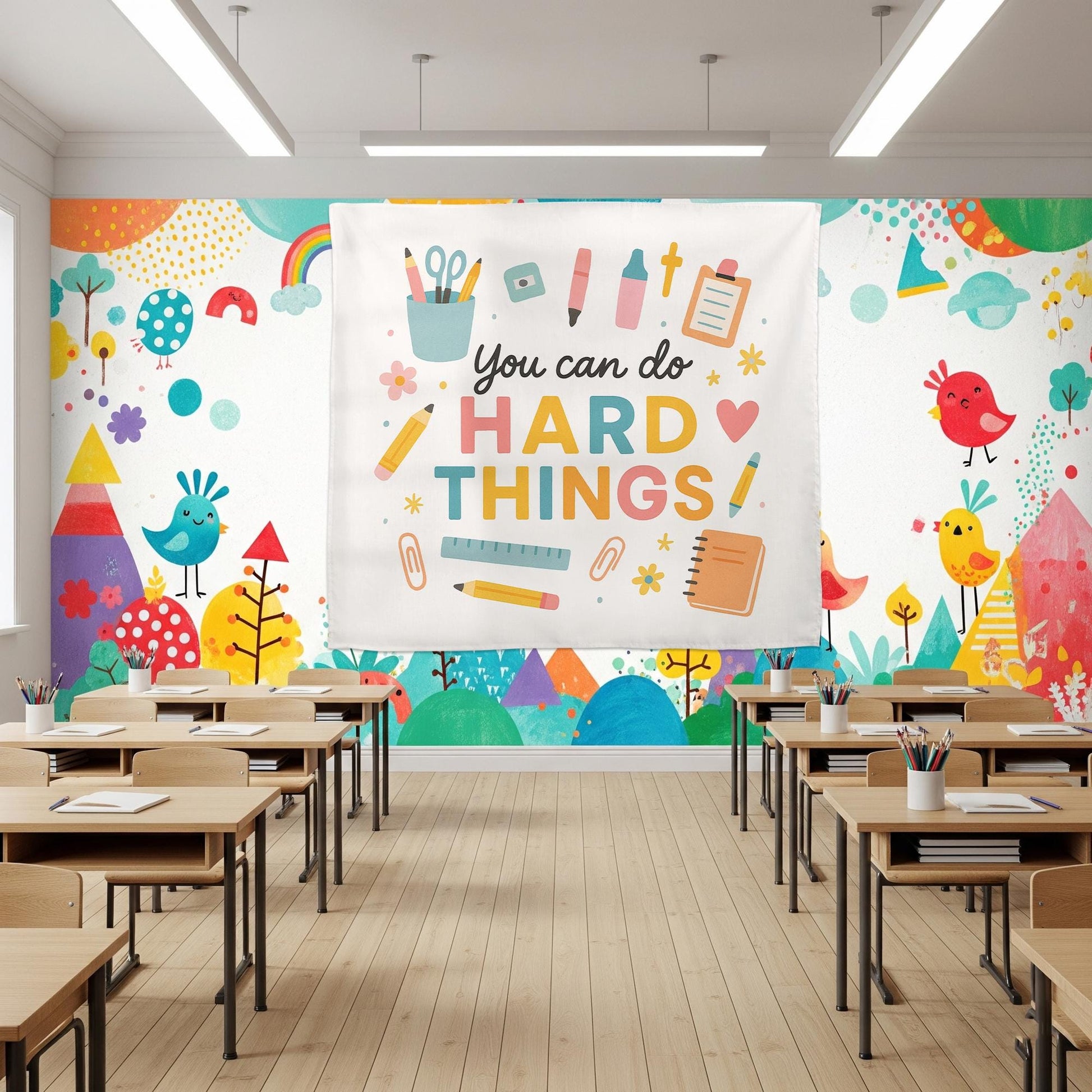 You Can Do Hard Things Classroom Tapestry, Motivational Teacher Wall Decor, Positive Quote Banner, School Office Poster Sign