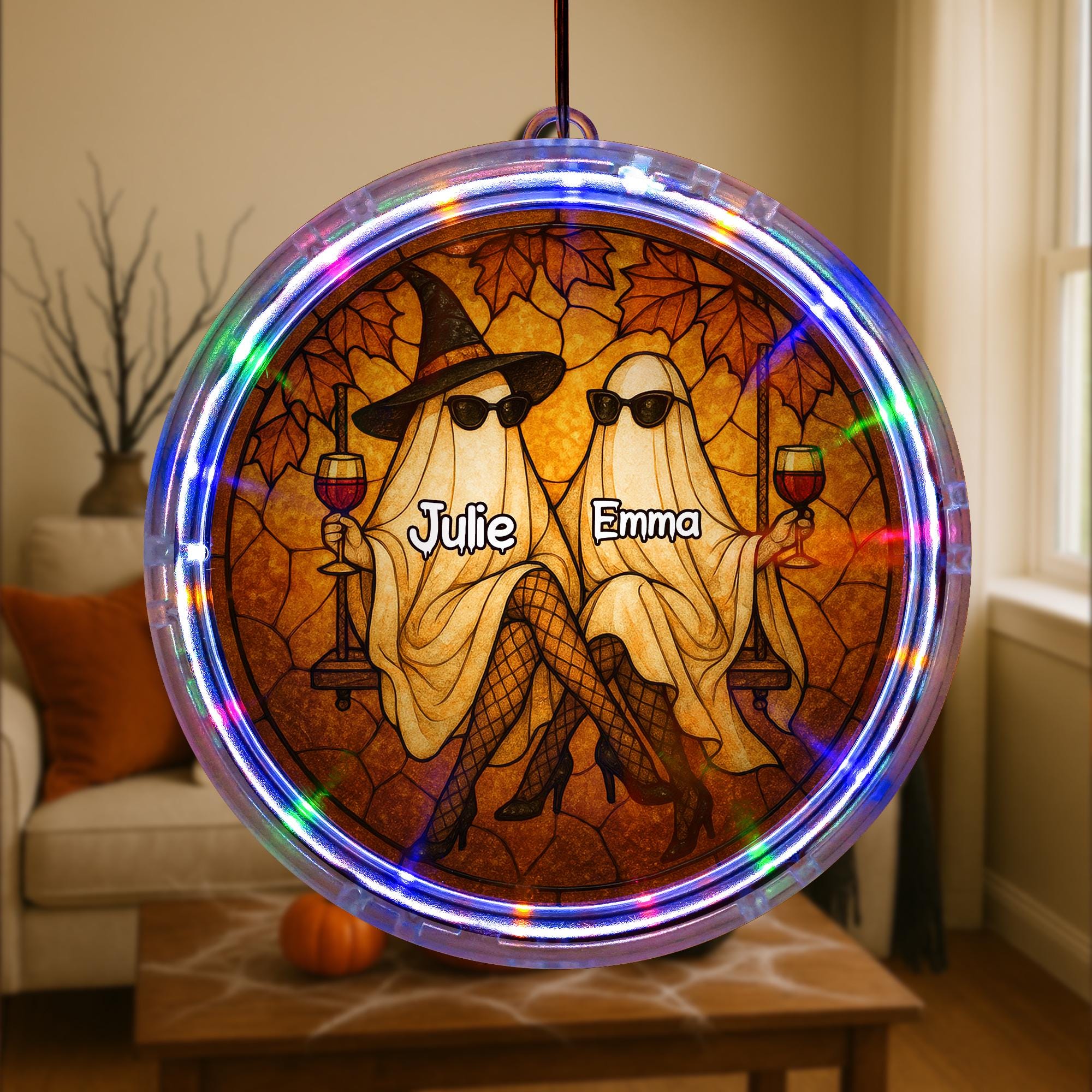 Custom Bestie Ghost LED Hanging Sign – Personalized Halloween Wine Drinking Friends Light – Spooky Autumn Best Friend Gift