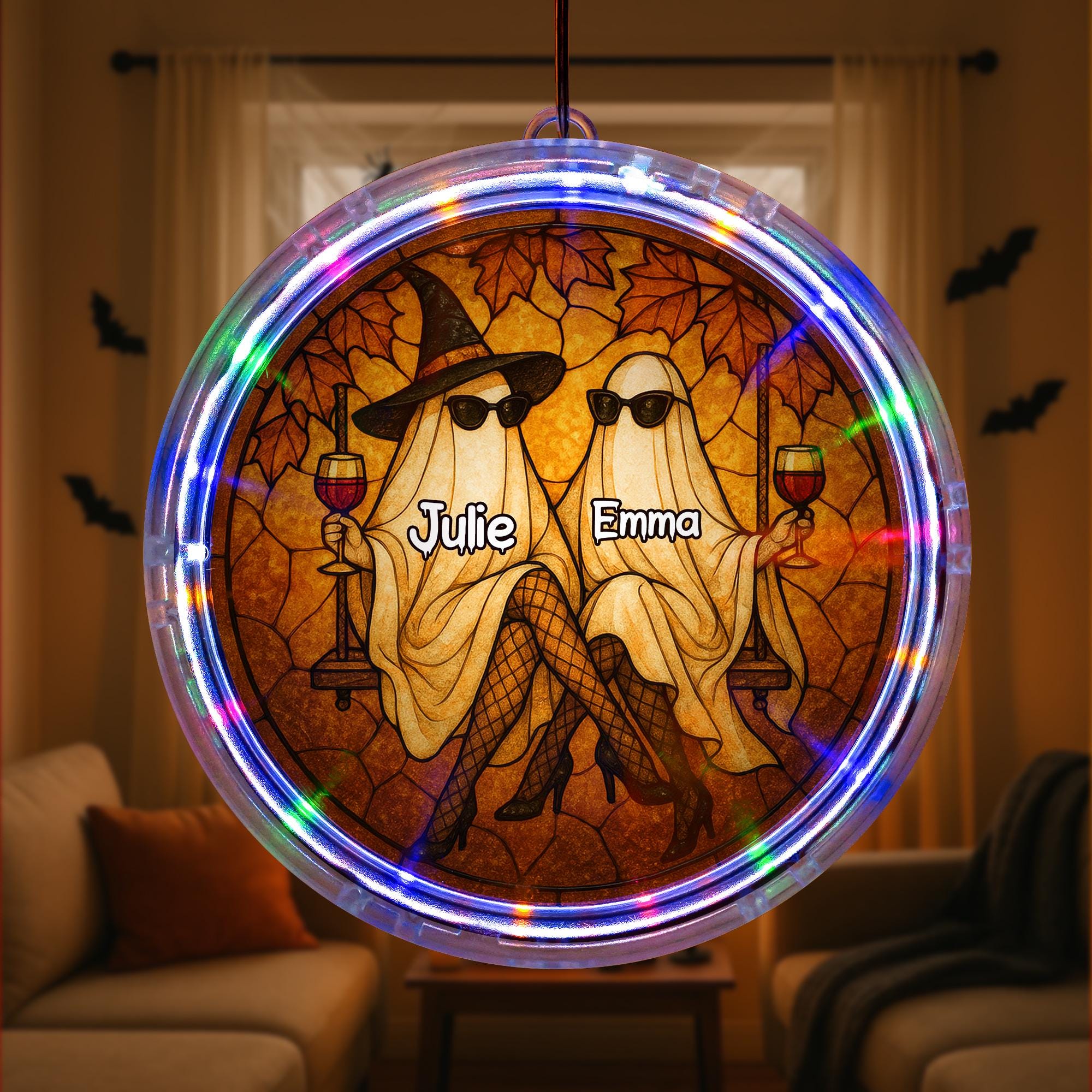 Custom Bestie Ghost LED Hanging Sign – Personalized Halloween Wine Drinking Friends Light – Spooky Autumn Best Friend Gift