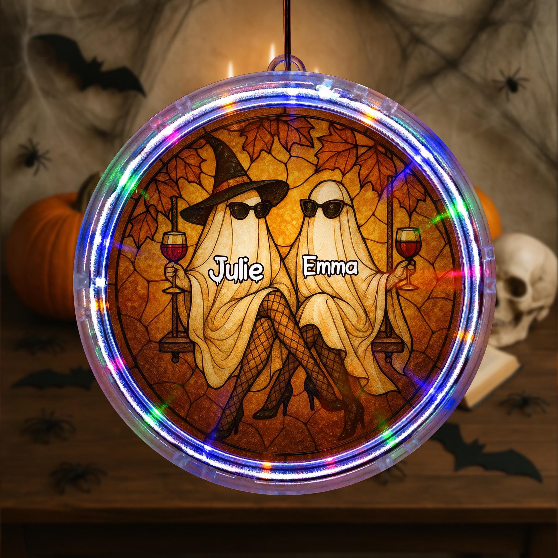 Custom Bestie Ghost LED Hanging Sign – Personalized Halloween Wine Drinking Friends Light – Spooky Autumn Best Friend Gift