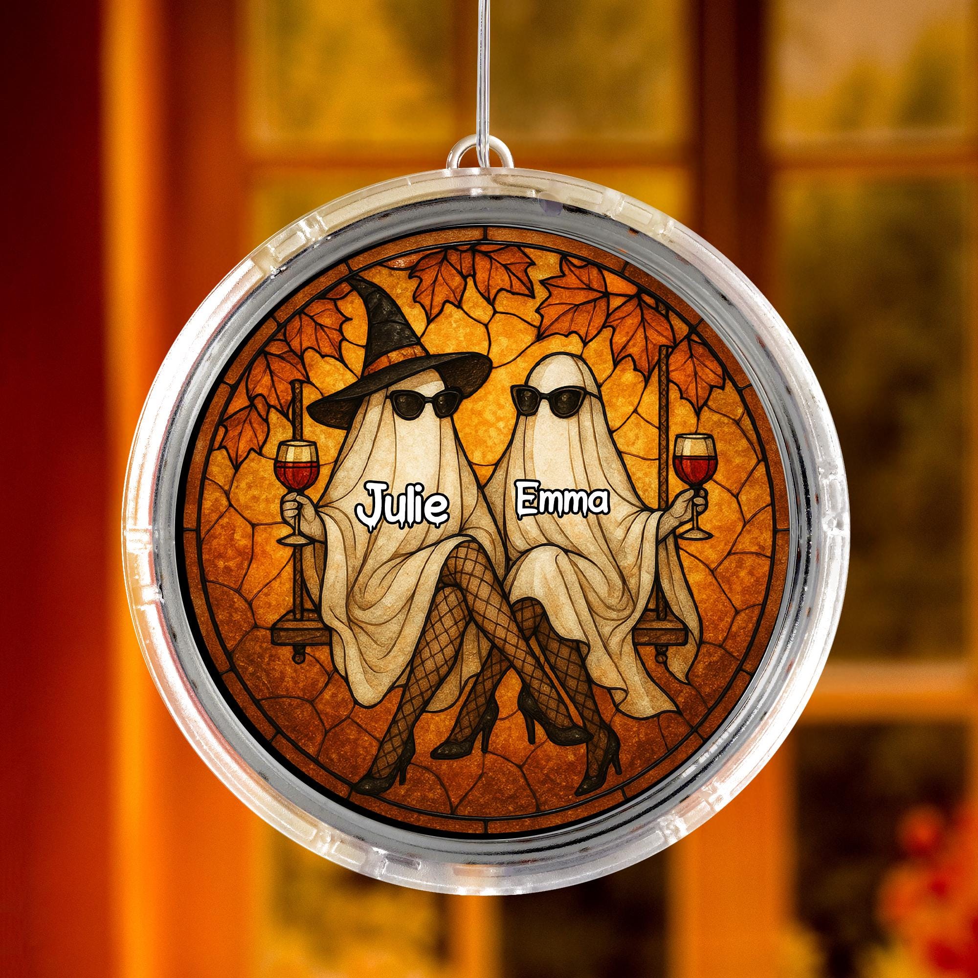 Custom Bestie Ghost LED Hanging Sign – Personalized Halloween Wine Drinking Friends Light – Spooky Autumn Best Friend Gift