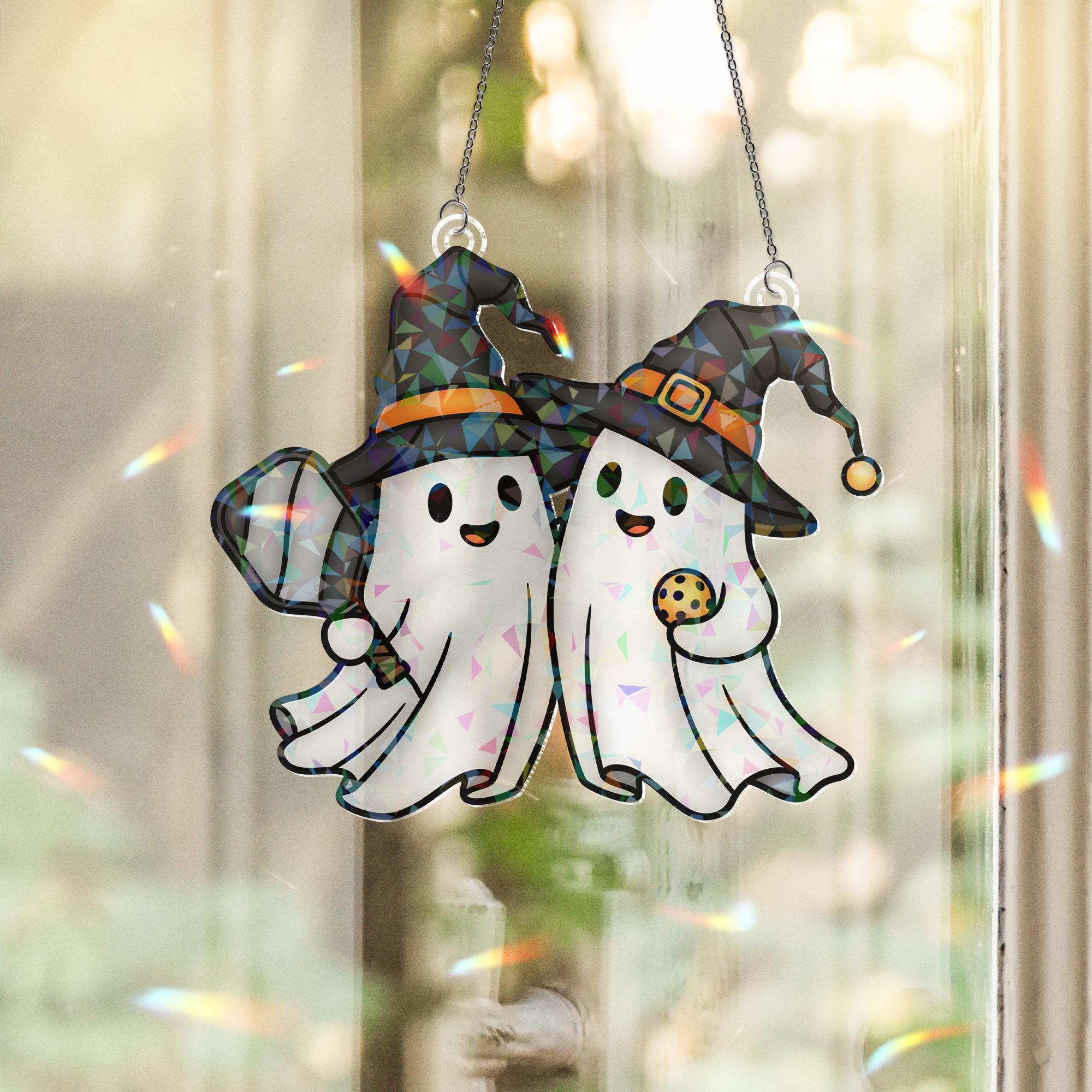 PickleBoo Ghost Suncatcher – Holographic Acrylic Halloween Pickleball Gift – Spooky Bestie Window Hanging Decor