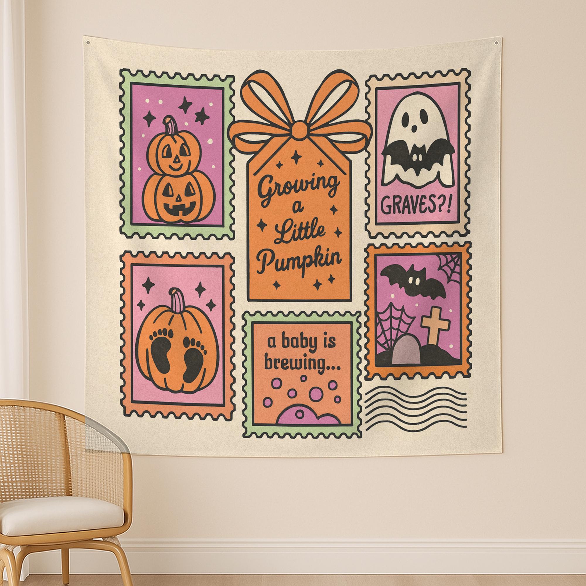 Halloween Pregnancy Announcement Tapestry – Growing a Little Pumpkin Wall Hanging – Spooky Baby Reveal Party Decor