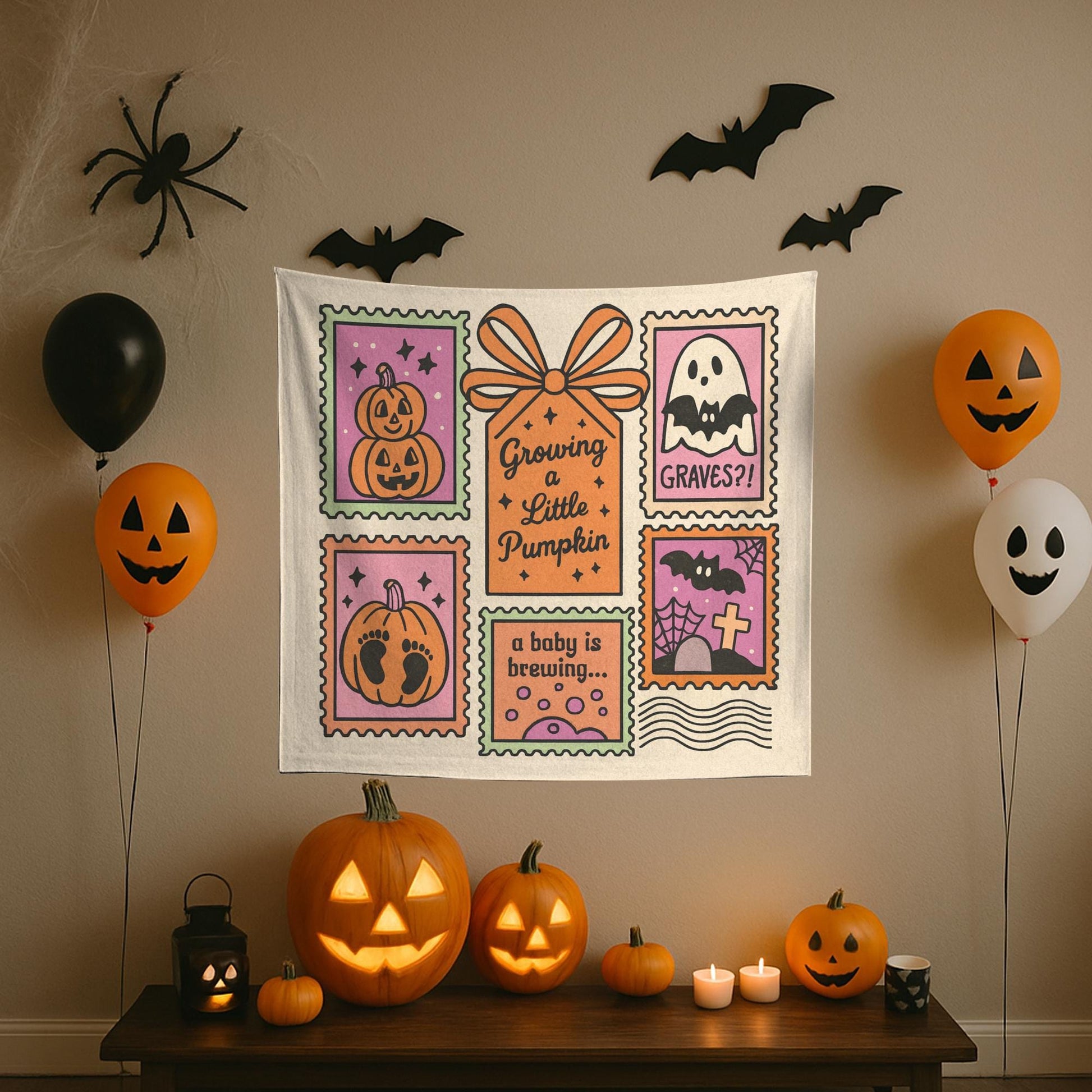 Halloween Pregnancy Announcement Tapestry – Growing a Little Pumpkin Wall Hanging – Spooky Baby Reveal Party Decor