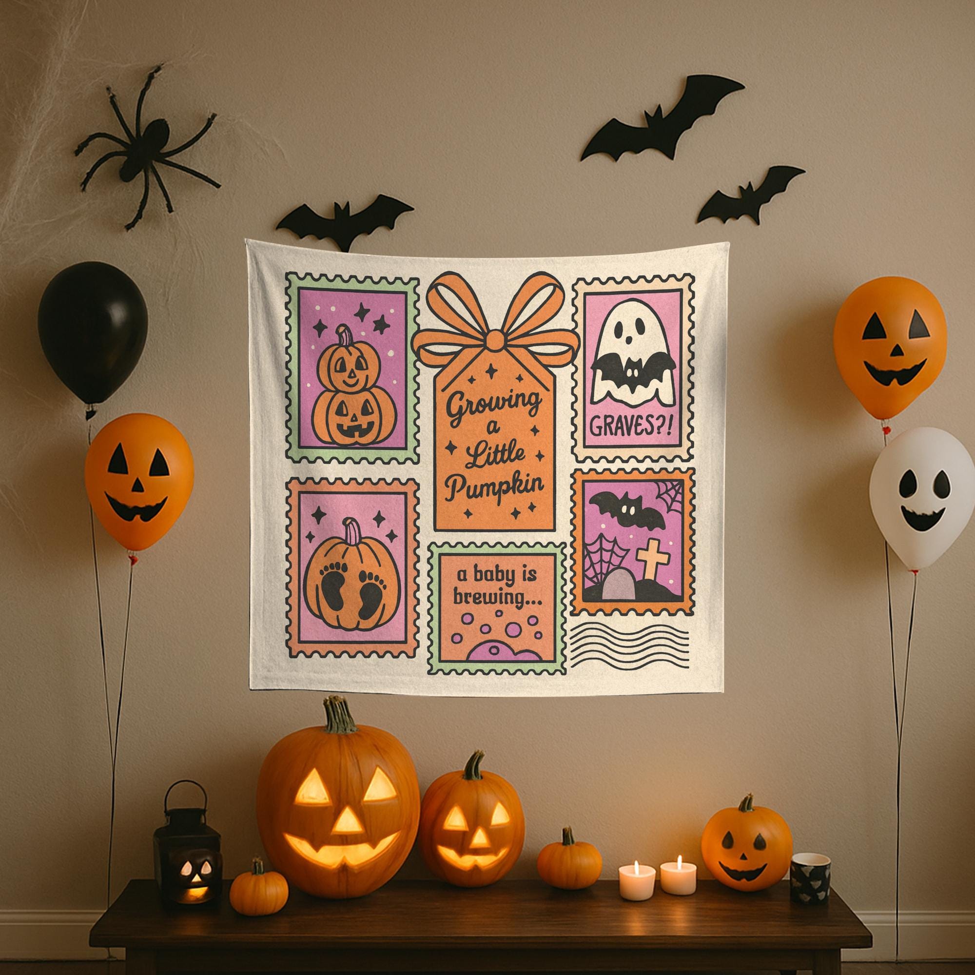 Halloween Pregnancy Announcement Tapestry – Growing a Little Pumpkin Wall Hanging – Spooky Baby Reveal Party Decor