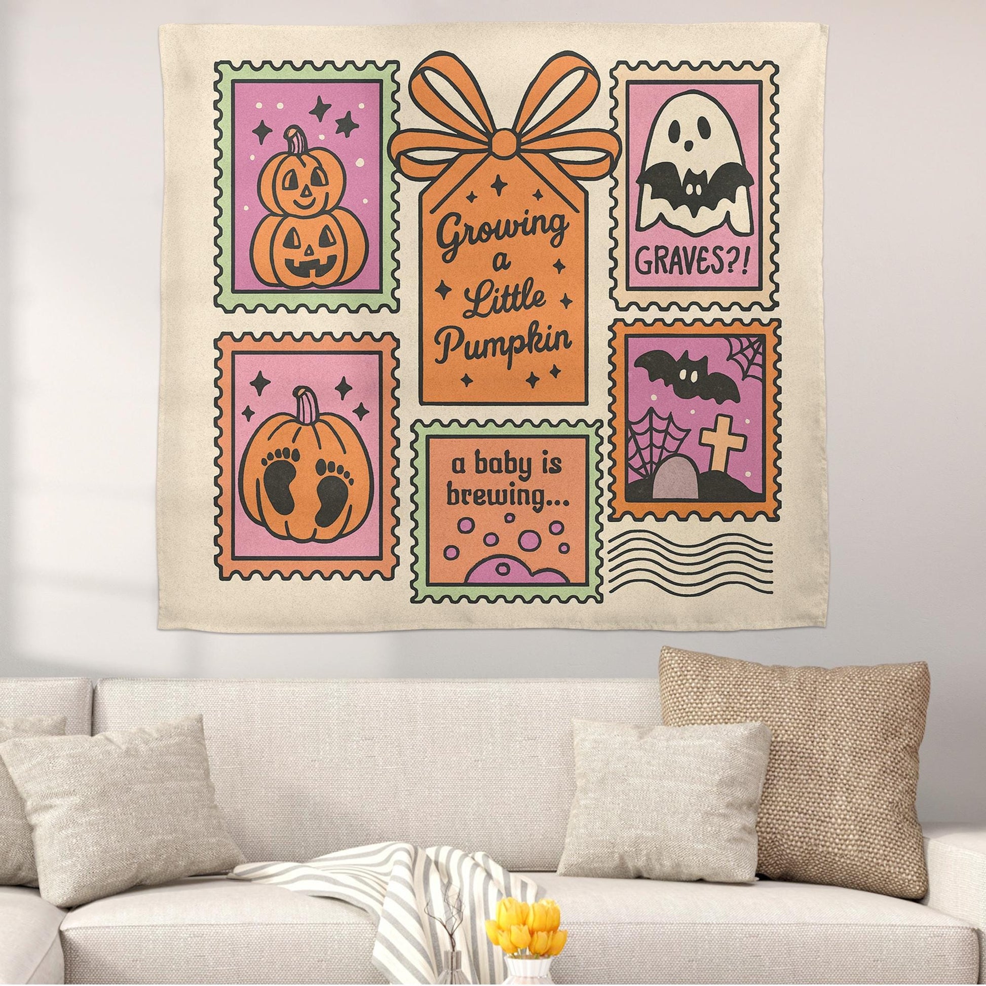 Halloween Pregnancy Announcement Tapestry – Growing a Little Pumpkin Wall Hanging – Spooky Baby Reveal Party Decor