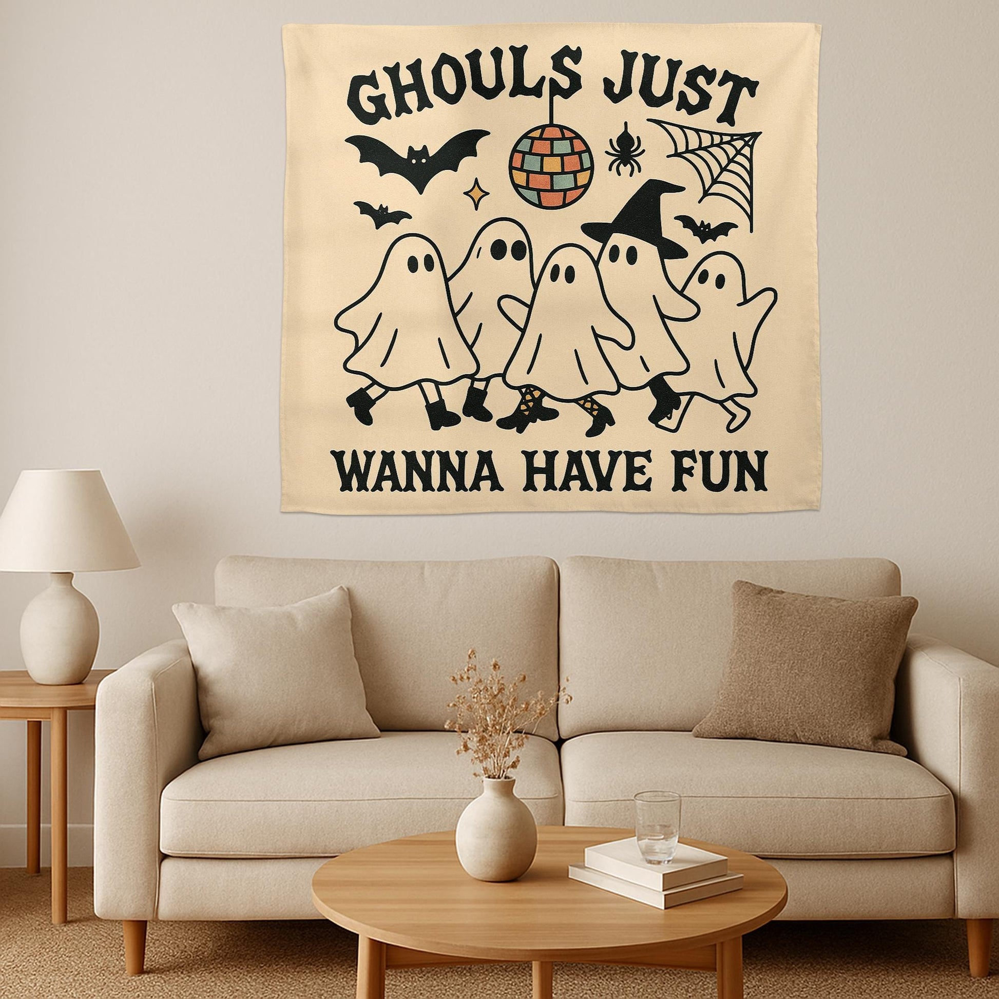Ghouls Just Wanna Have Fun Tapestry – Halloween Girl Party Wall Hanging – Spooky Cute Ghost Dance Party Decor