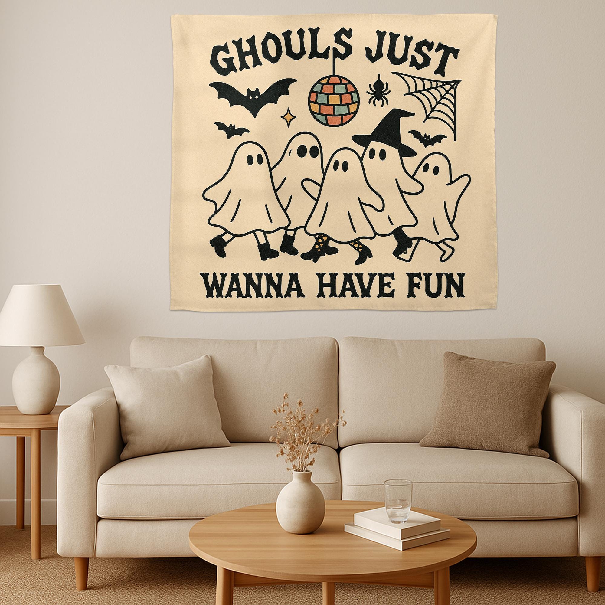 Ghouls Just Wanna Have Fun Tapestry – Halloween Girl Party Wall Hanging – Spooky Cute Ghost Dance Party Decor