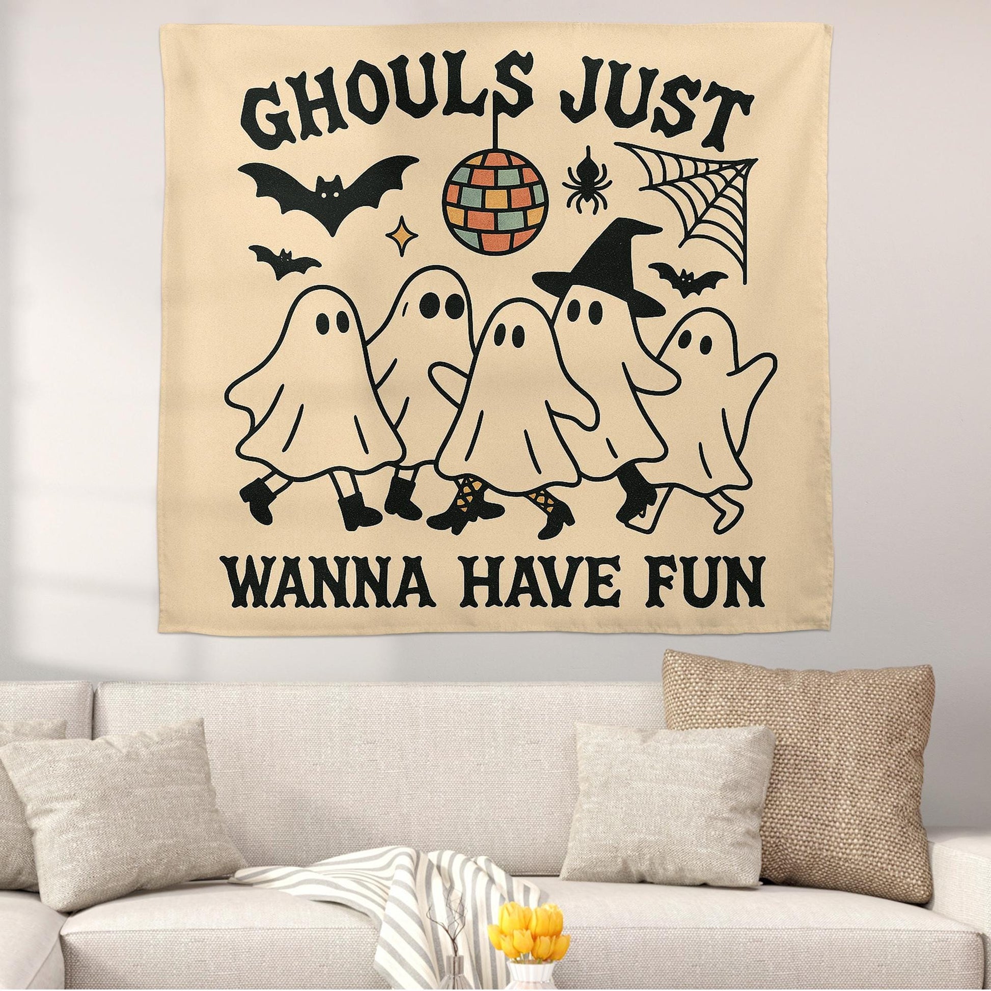Ghouls Just Wanna Have Fun Tapestry – Halloween Girl Party Wall Hanging – Spooky Cute Ghost Dance Party Decor
