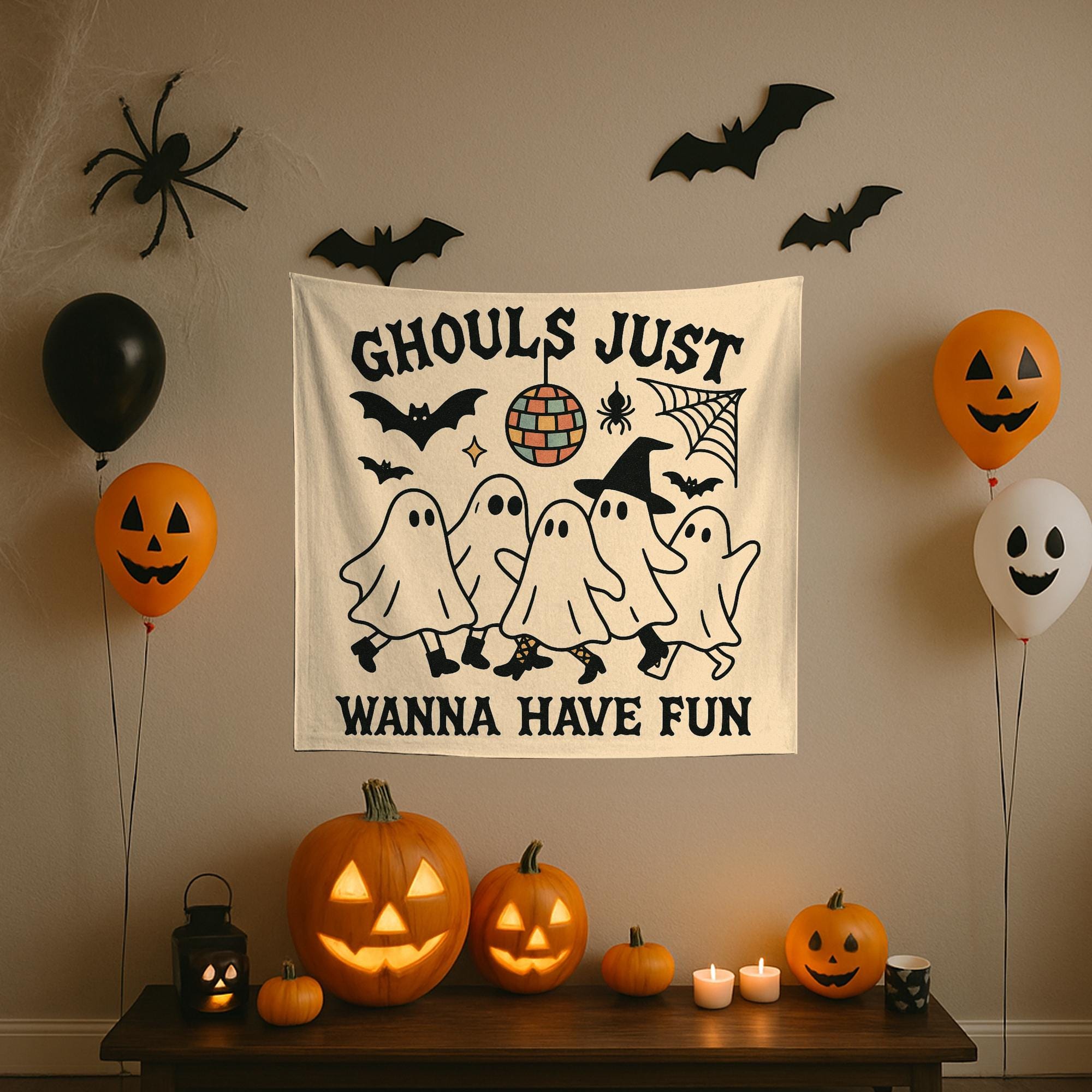 Ghouls Just Wanna Have Fun Tapestry – Halloween Girl Party Wall Hanging – Spooky Cute Ghost Dance Party Decor