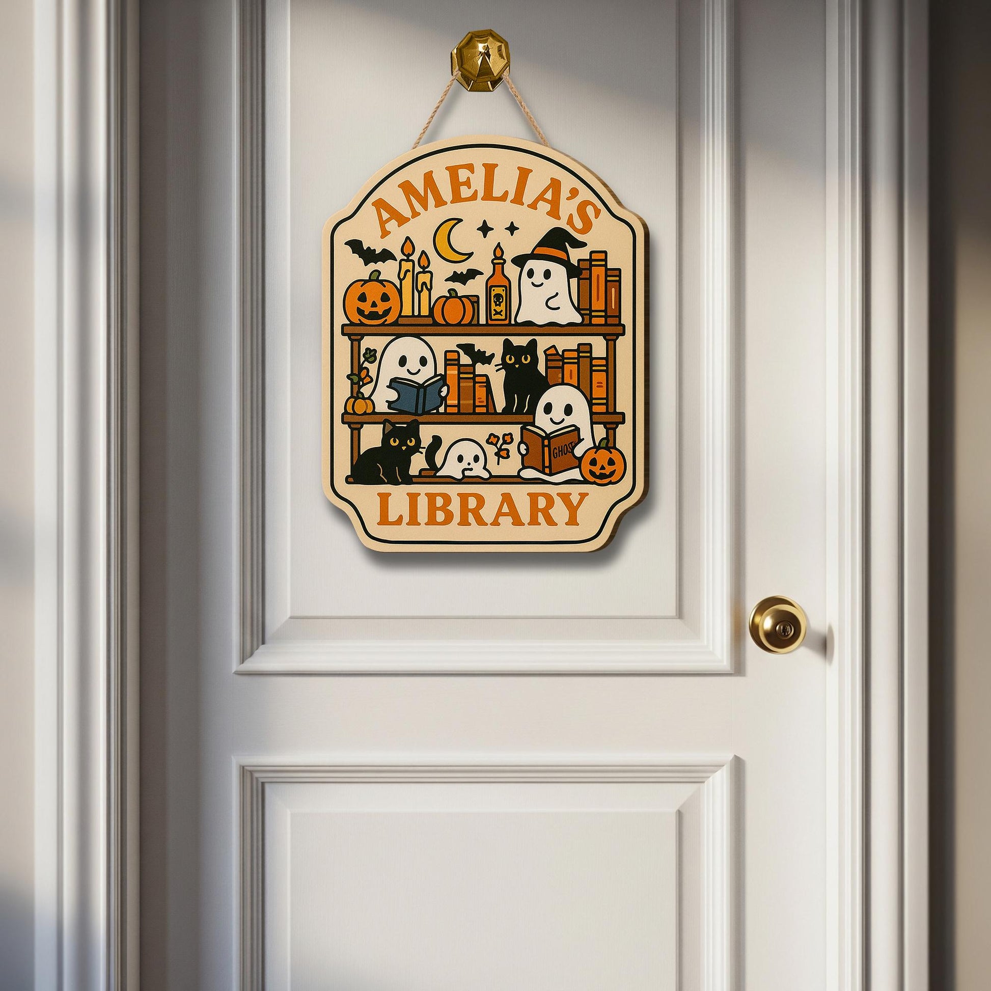 Custom Halloween Library Door Sign – Personalized Ghost and Cat Book Lover Plaque – Spooky Reading Room Decor