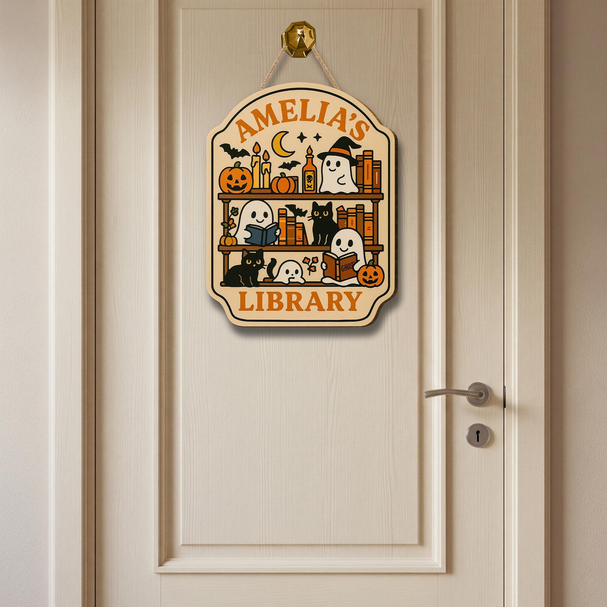 Custom Halloween Library Door Sign – Personalized Ghost and Cat Book Lover Plaque – Spooky Reading Room Decor