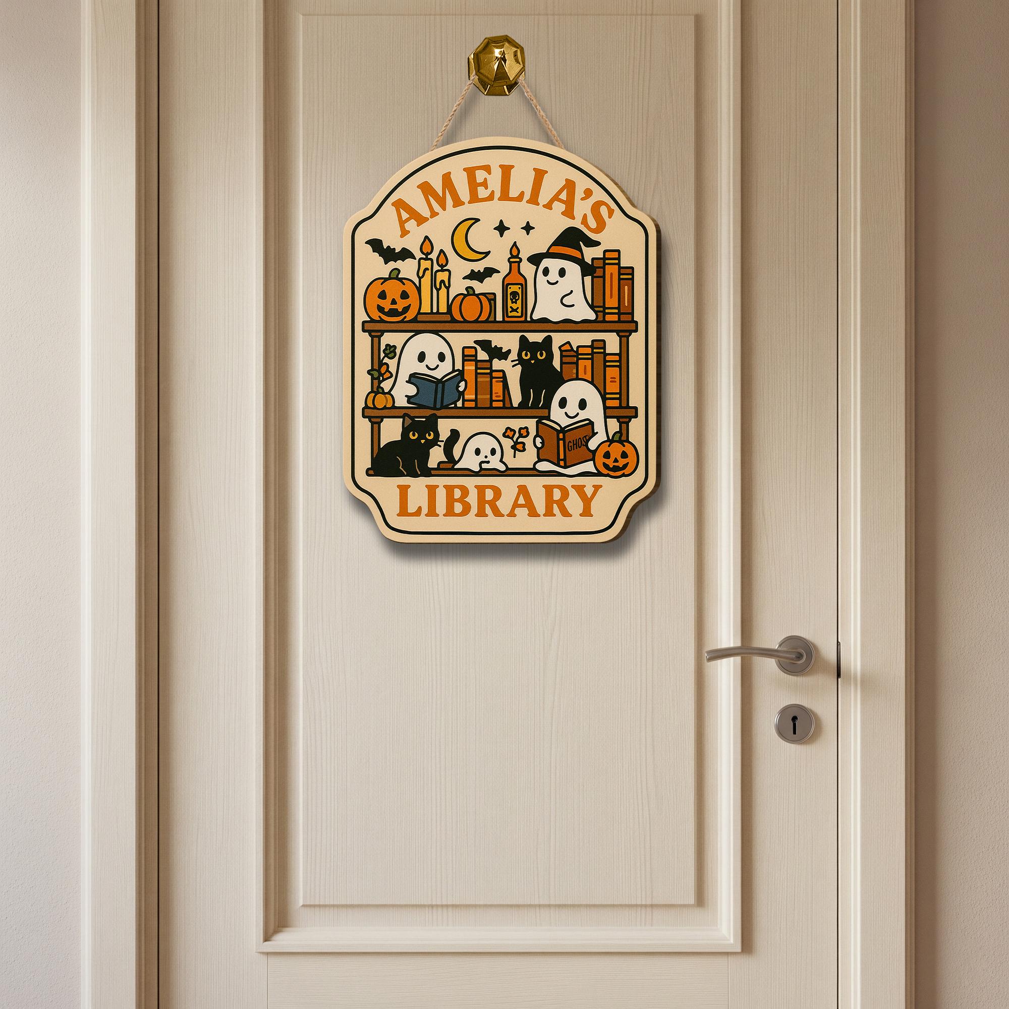 Custom Halloween Library Door Sign – Personalized Ghost and Cat Book Lover Plaque – Spooky Reading Room Decor
