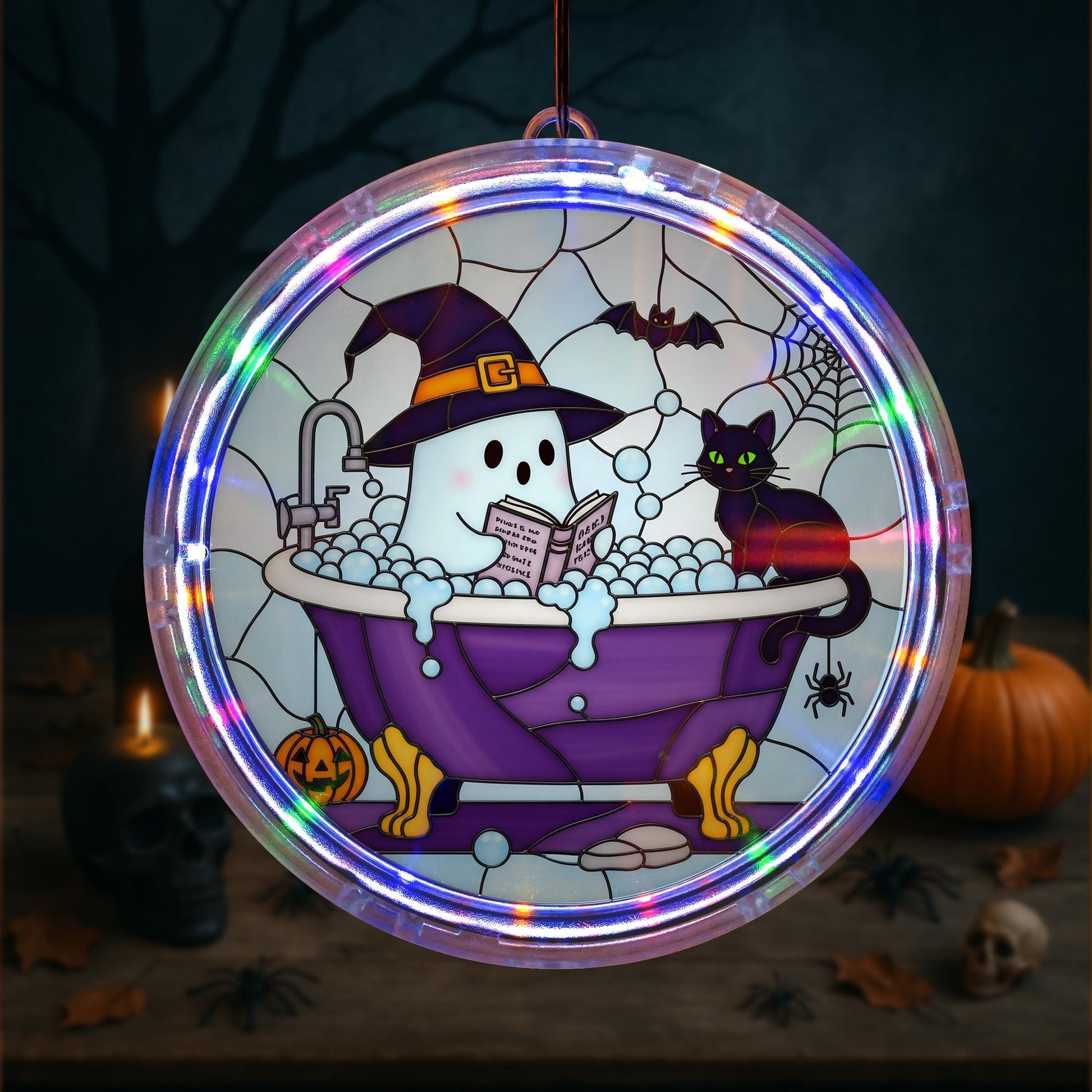 Bookish Ghost Bath LED Hanging Sign – Halloween Acrylic Lighted Window Decor – Spooky Witch Cat Reading in Bathtub