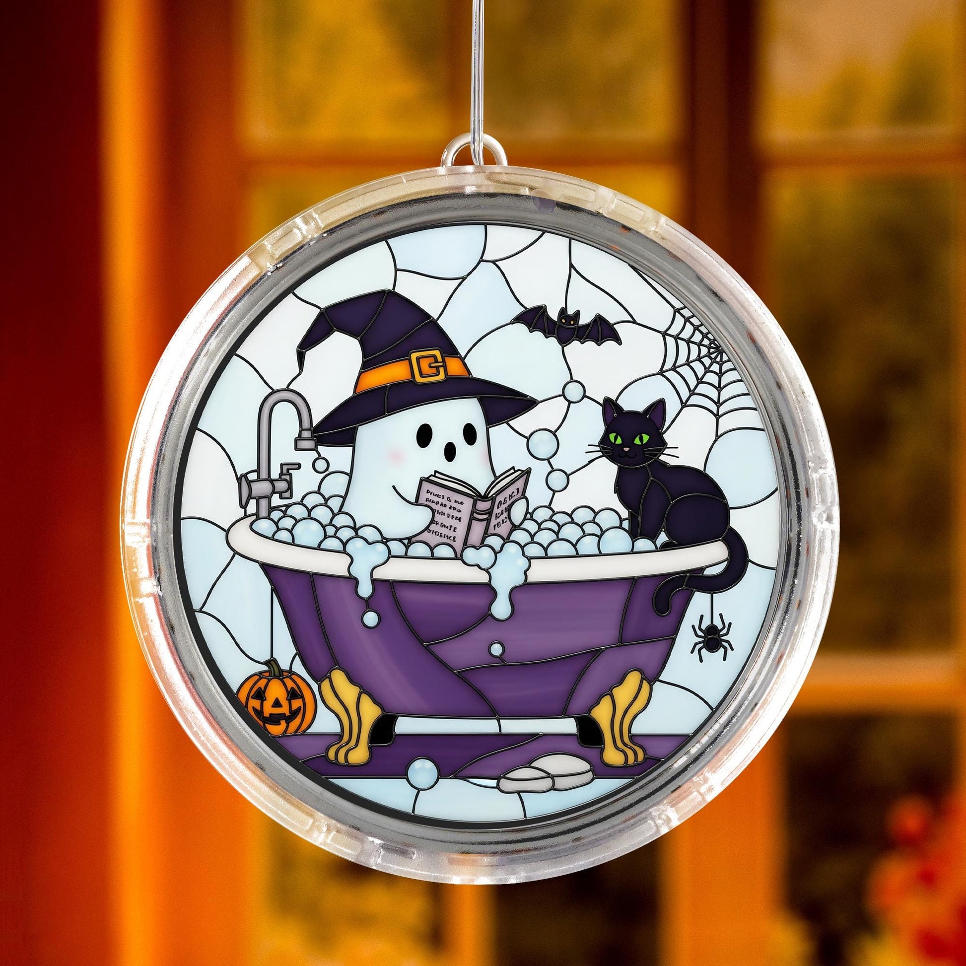 Bookish Ghost Bath LED Hanging Sign – Halloween Acrylic Lighted Window Decor – Spooky Witch Cat Reading in Bathtub