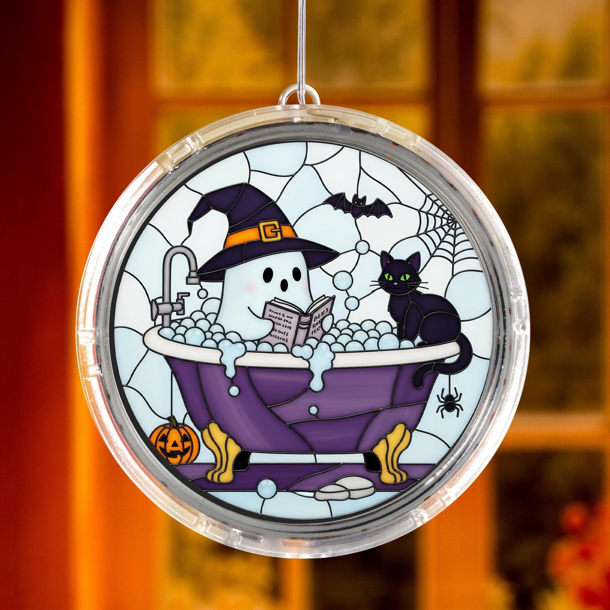 Bookish Ghost Bath LED Hanging Sign – Halloween Acrylic Lighted Window Decor – Spooky Witch Cat Reading in Bathtub