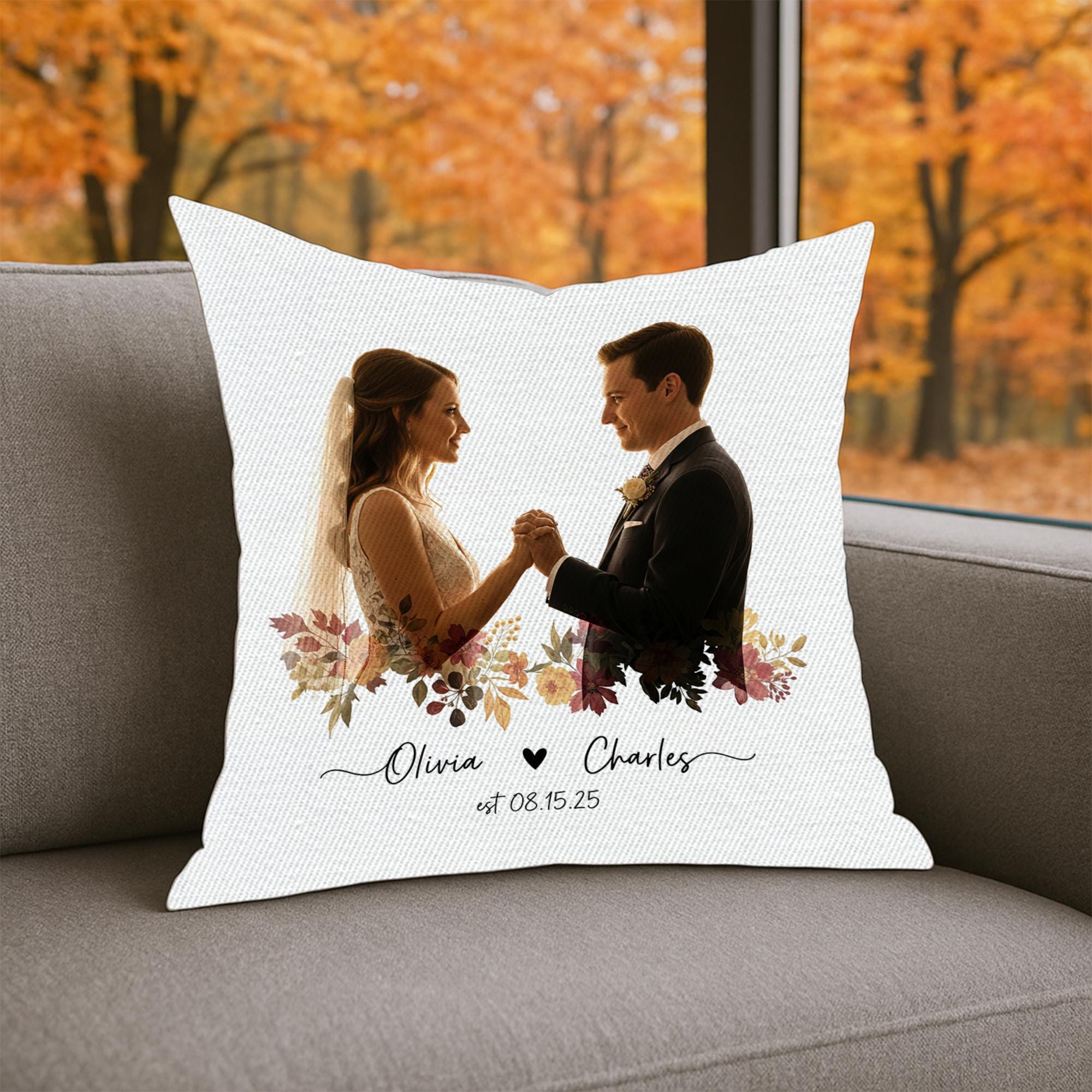 Custom Wedding Photo Pillow – Personalized Couple Pillow with Names & Est. Date, Fall Floral Throw, Anniversary Keepsake Gift