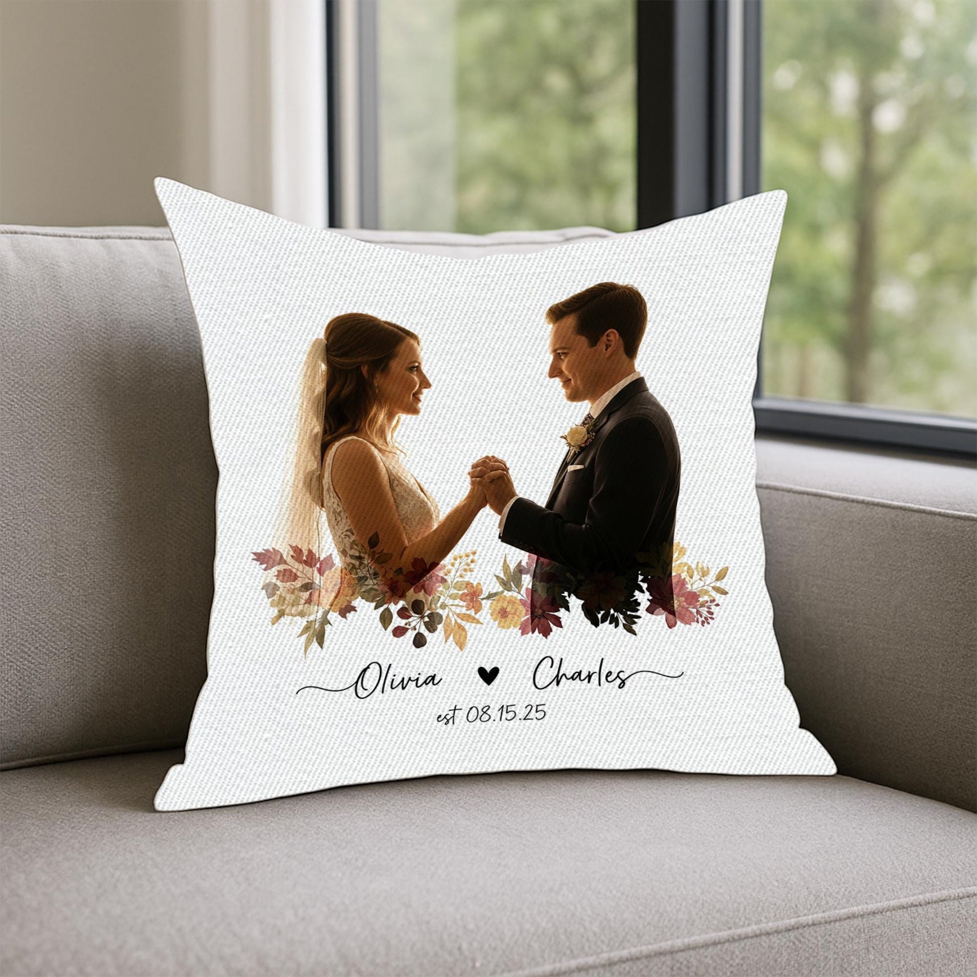 Custom Wedding Photo Pillow – Personalized Couple Pillow with Names & Est. Date, Fall Floral Throw, Anniversary Keepsake Gift