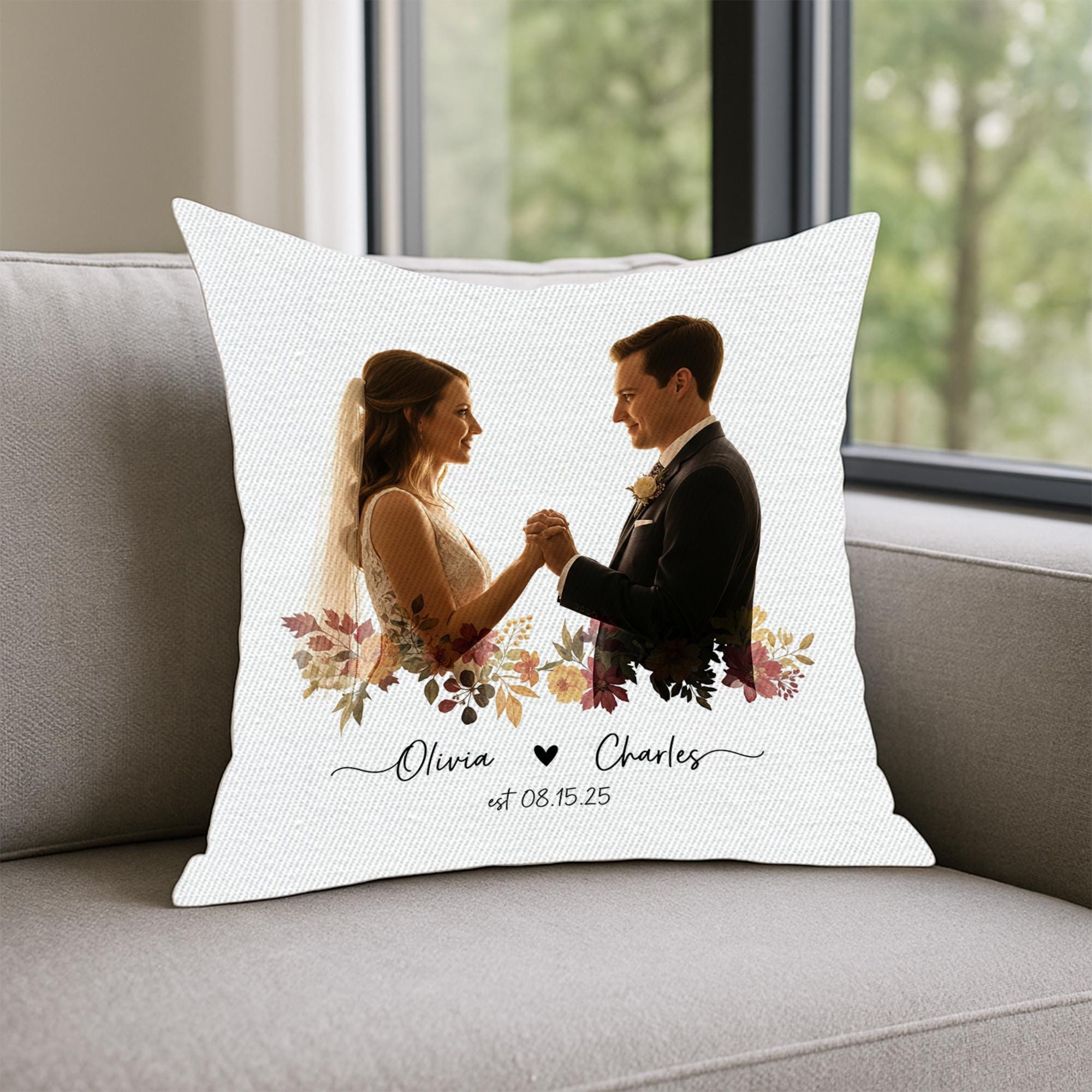Custom Wedding Photo Pillow – Personalized Couple Pillow with Names & Est. Date, Fall Floral Throw, Anniversary Keepsake Gift