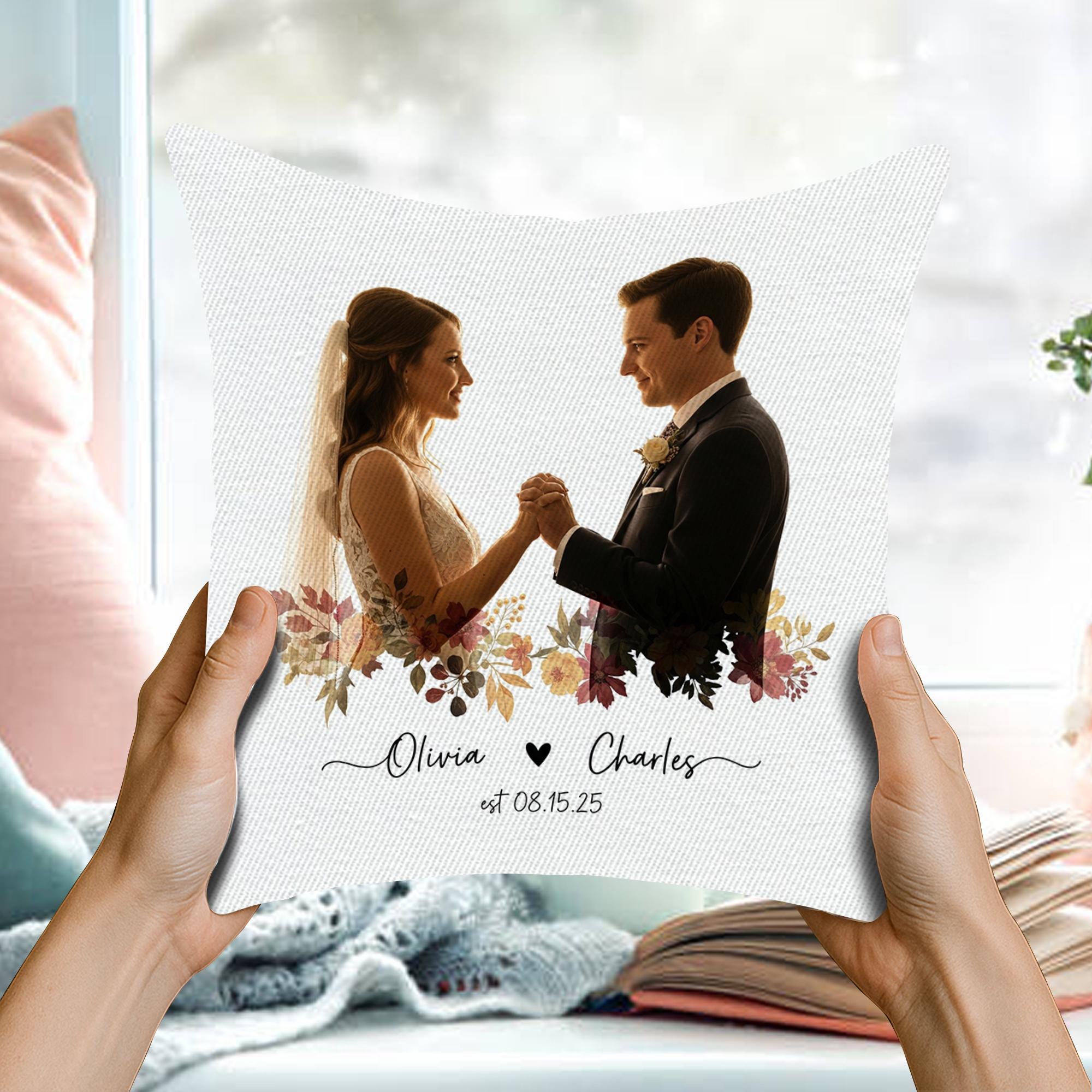 Custom Wedding Photo Pillow – Personalized Couple Pillow with Names & Est. Date, Fall Floral Throw, Anniversary Keepsake Gift