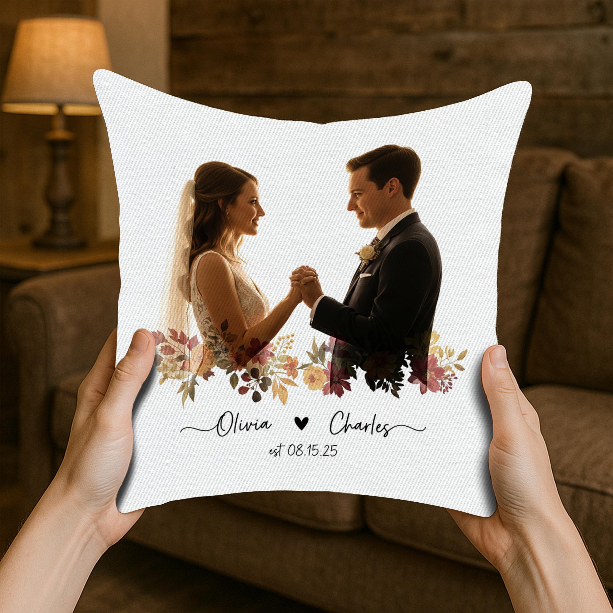 Custom Wedding Photo Pillow – Personalized Couple Pillow with Names & Est. Date, Fall Floral Throw, Anniversary Keepsake Gift