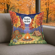 Bonfires & Blankets Fall Pillow – Autumn Firelight Decor, Cozy Campfire Throw Pillow, Rustic Outdoor Fall Accent
