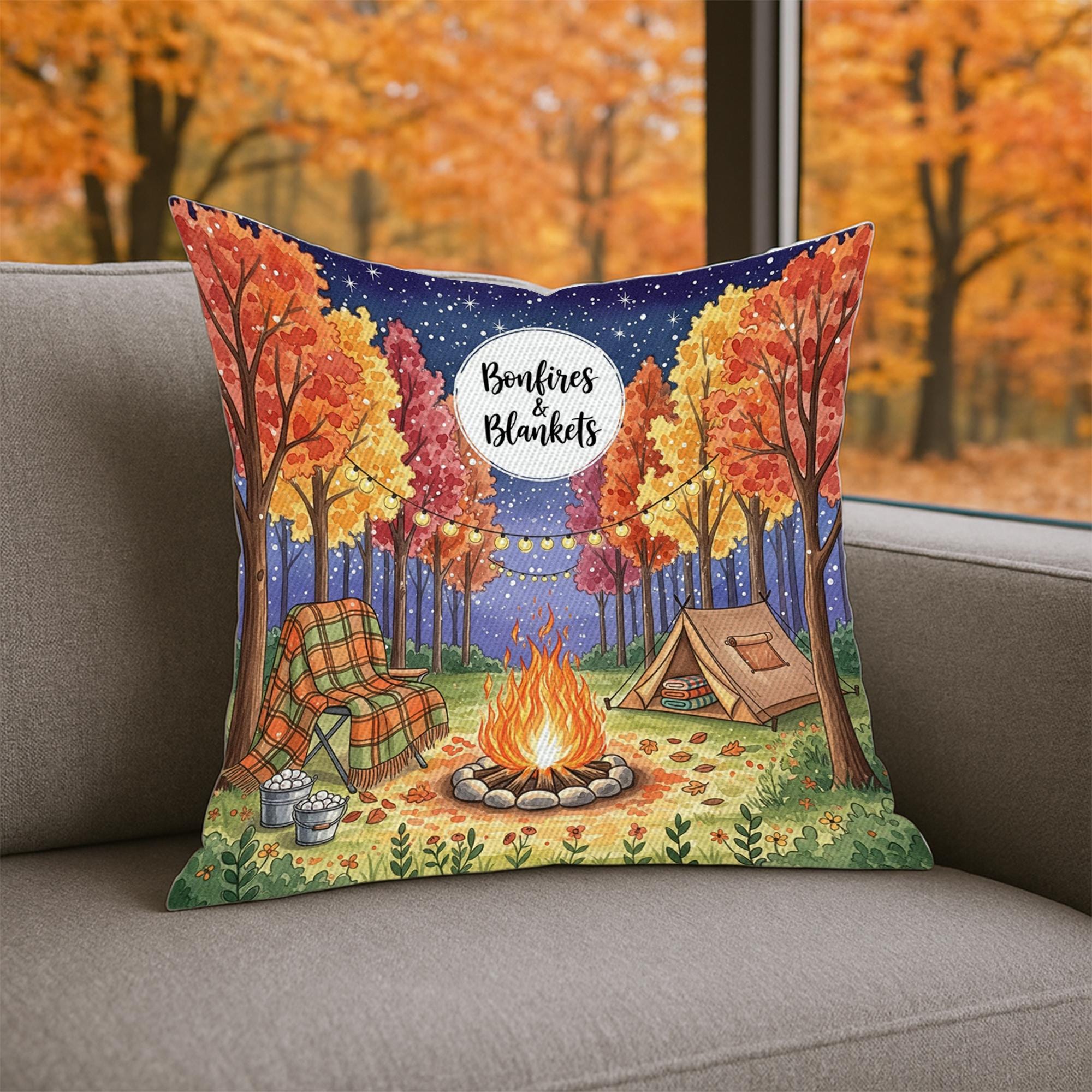 Bonfires & Blankets Fall Pillow – Autumn Firelight Decor, Cozy Campfire Throw Pillow, Rustic Outdoor Fall Accent