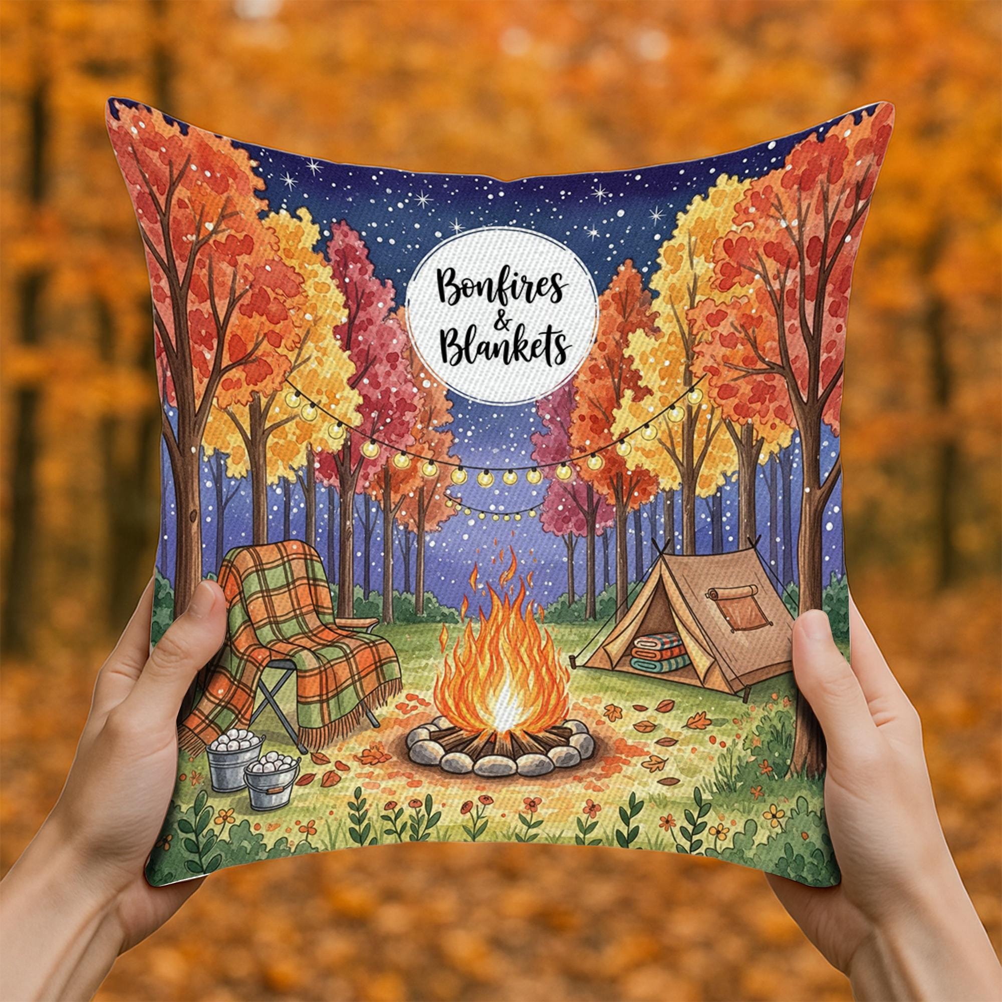 Bonfires & Blankets Fall Pillow – Autumn Firelight Decor, Cozy Campfire Throw Pillow, Rustic Outdoor Fall Accent