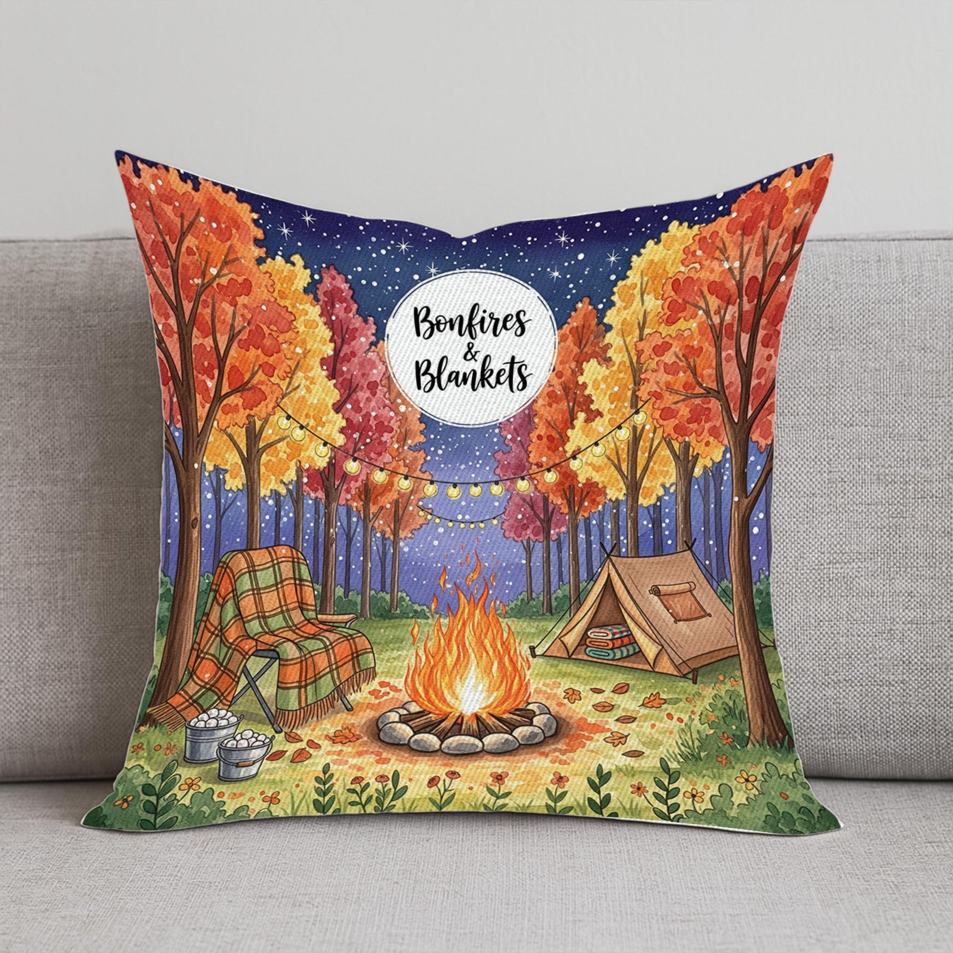 Bonfires & Blankets Fall Pillow – Autumn Firelight Decor, Cozy Campfire Throw Pillow, Rustic Outdoor Fall Accent