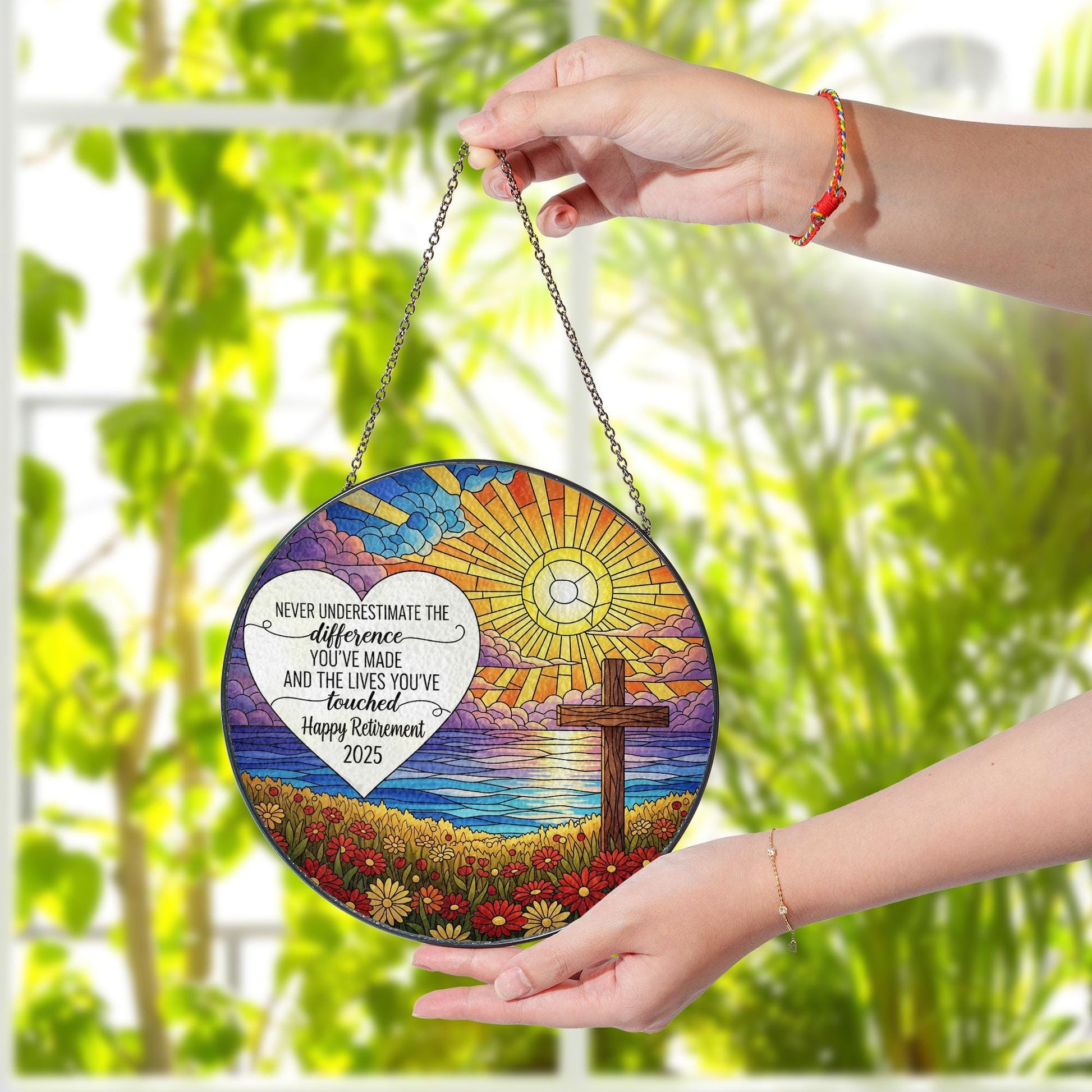 Custom Faux Glass Retirement Suncatcher – Heartfelt Inspirational Cross Decor, Window Hanging Keepsake, Personalized Retirement Gift