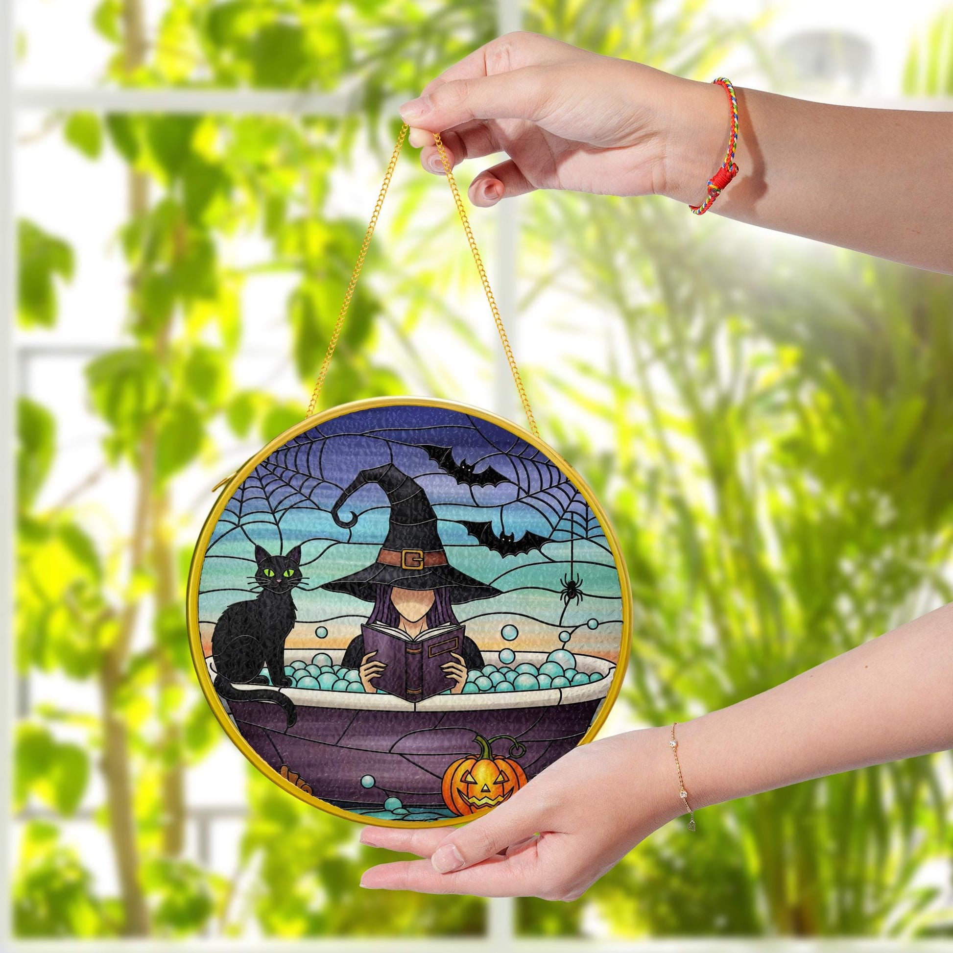 Bookish Witch Glass Suncatcher – Halloween Glass Window Hanging – Spooky Reading Black Cat Bathtub Decor
