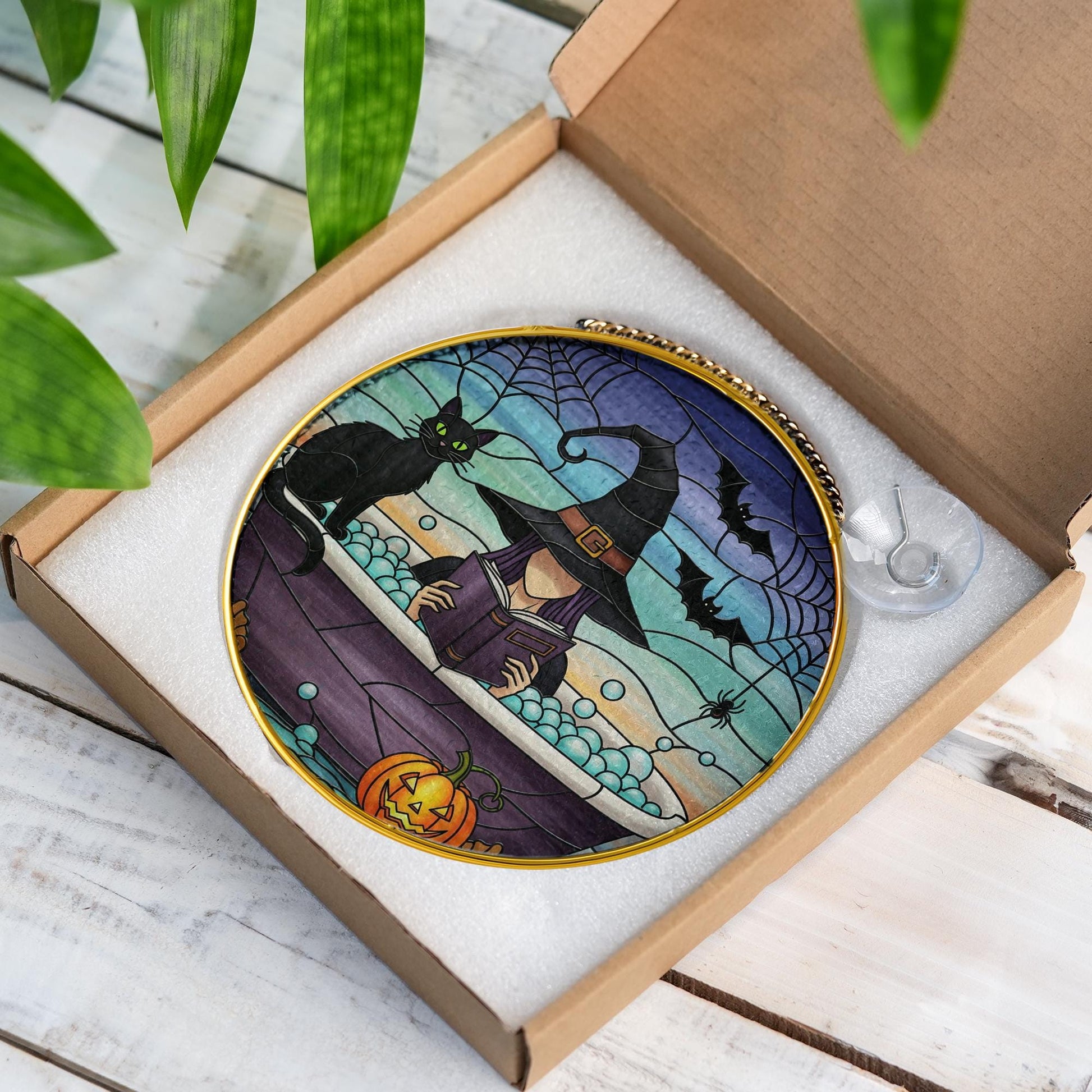 Bookish Witch Glass Suncatcher – Halloween Glass Window Hanging – Spooky Reading Black Cat Bathtub Decor