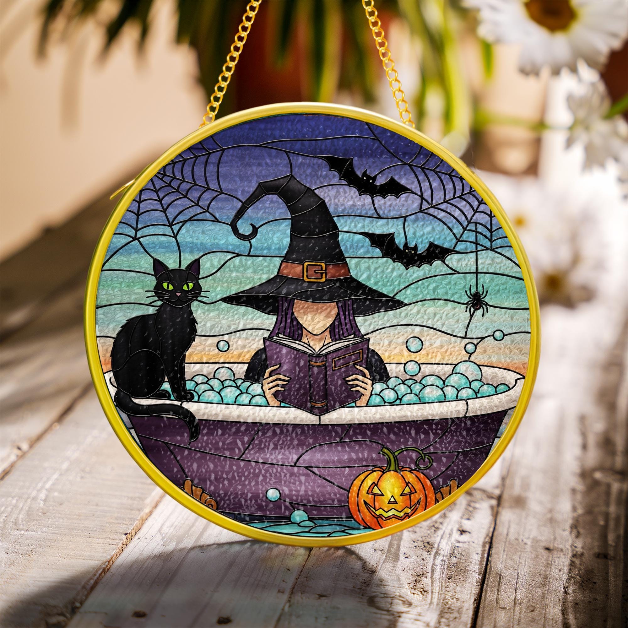 Bookish Witch Glass Suncatcher – Halloween Glass Window Hanging – Spooky Reading Black Cat Bathtub Decor