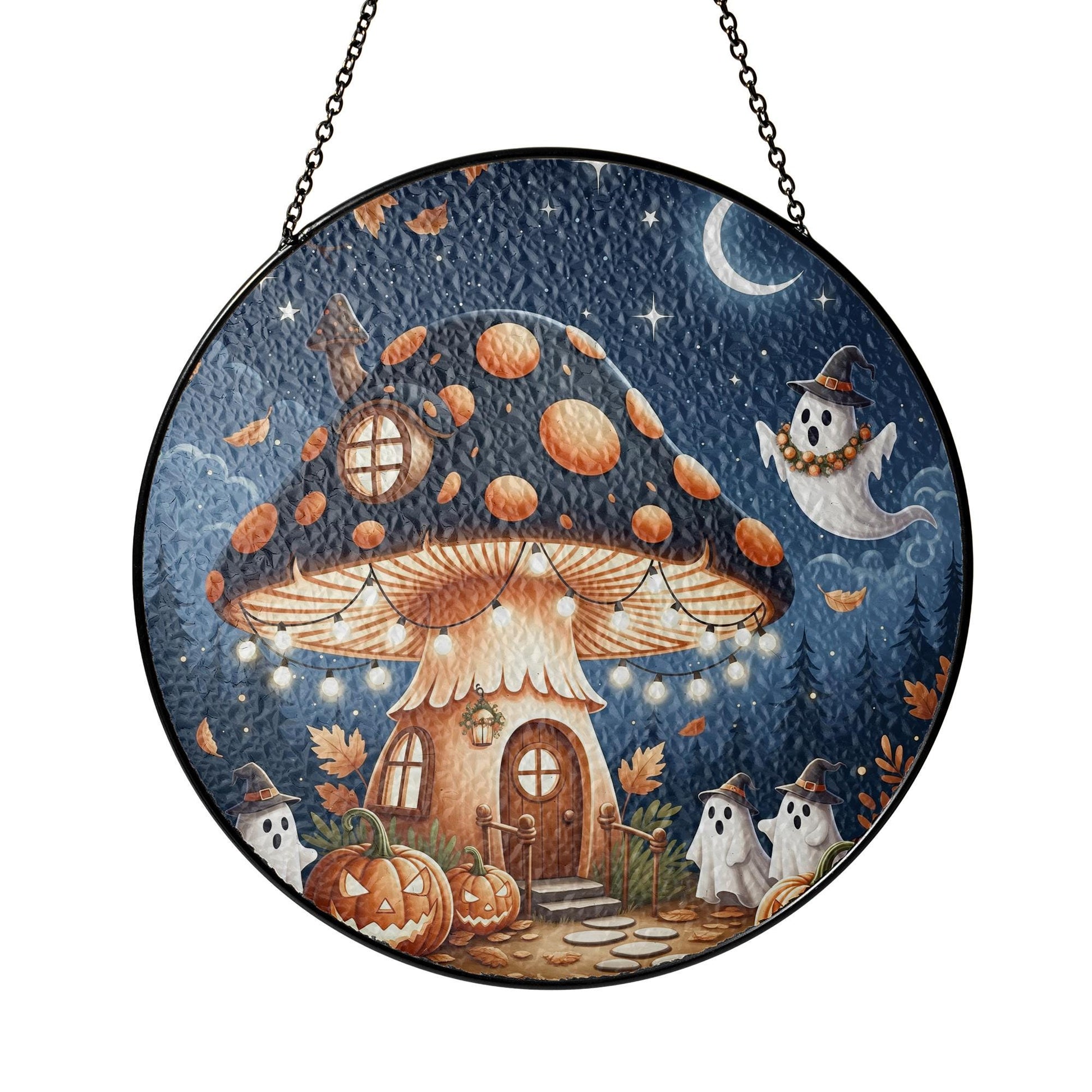 Handmade Glass Mushroom House Suncatcher with Ghosts & Pumpkins, Suncatcher Halloween Night Window Hanging Decor, Home Decor Gift Idea