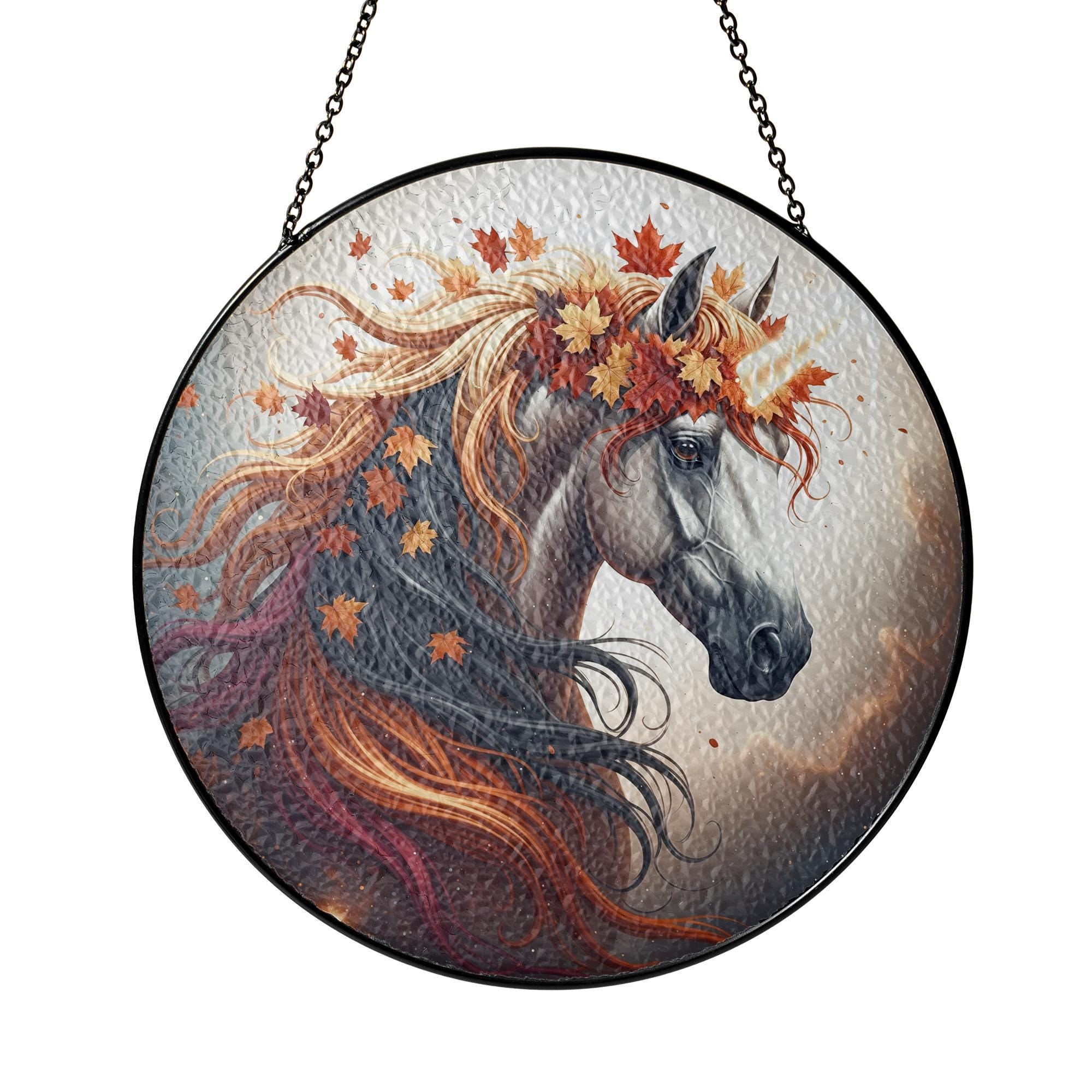 Autumn Horse Glass Suncatcher, Real Glass Horse Hanging Decor with Falling Leaves, Fall Nature Window Ornament Gift, Cute Gift For Her