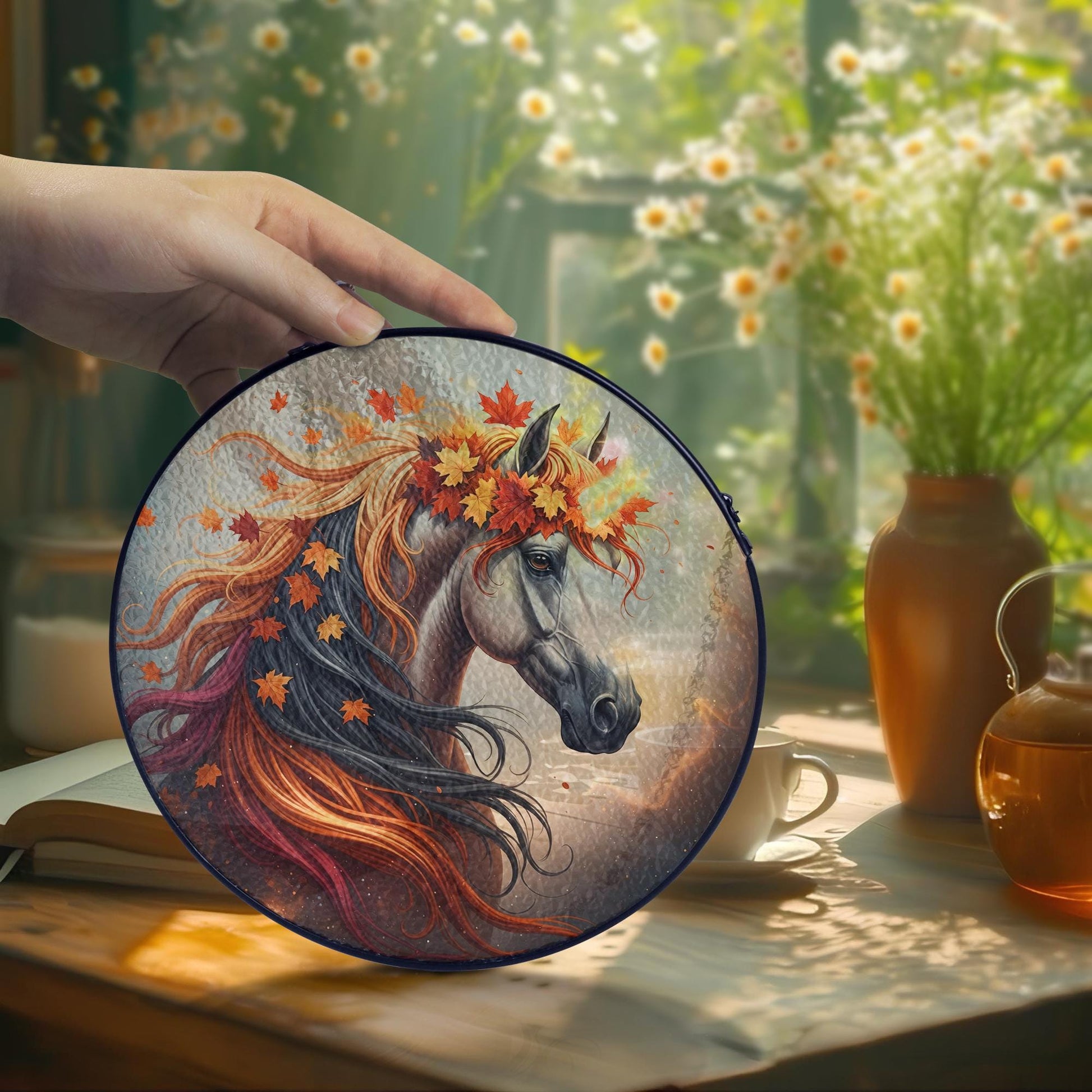 Autumn Horse Glass Suncatcher, Real Glass Horse Hanging Decor with Falling Leaves, Fall Nature Window Ornament Gift, Cute Gift For Her
