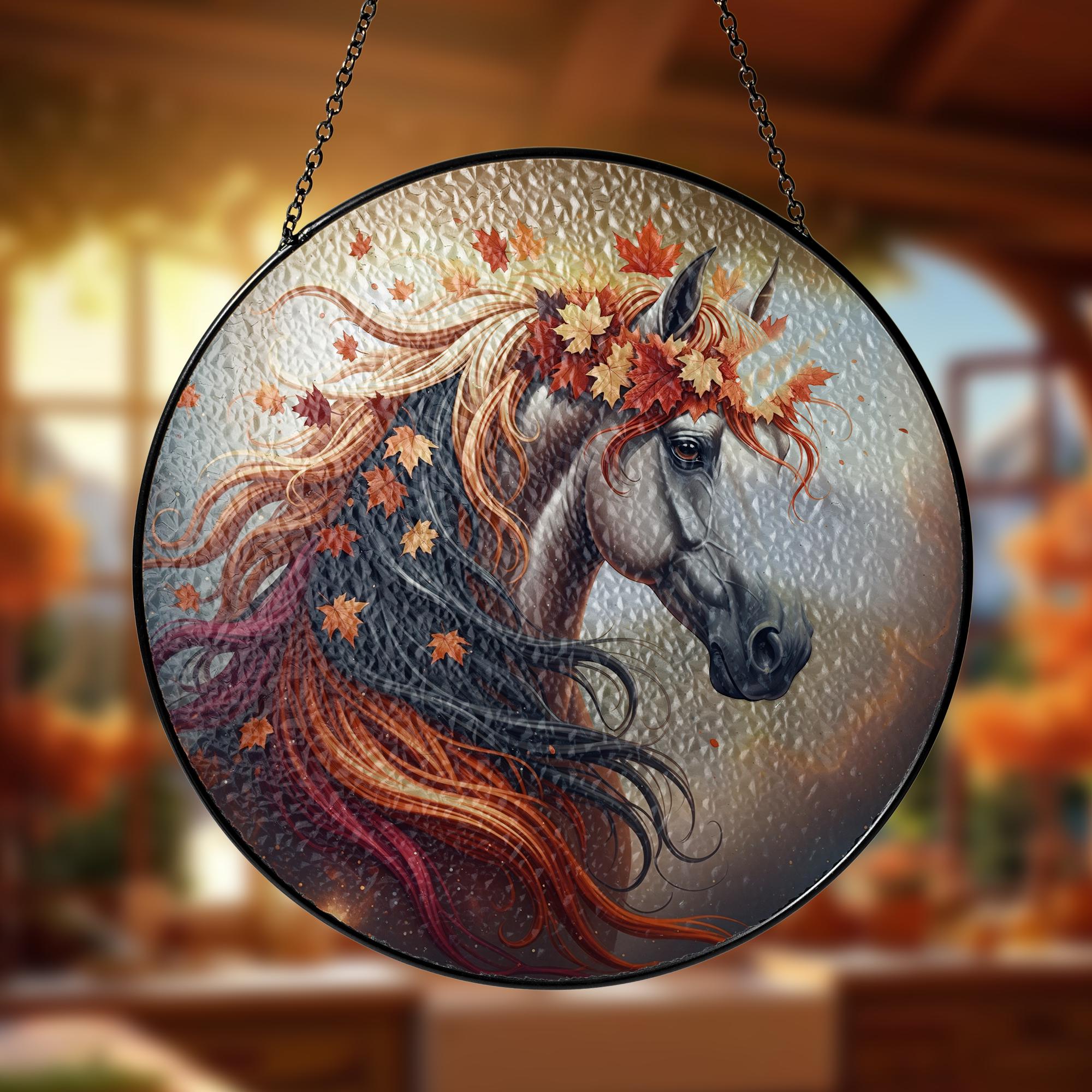 Autumn Horse Glass Suncatcher, Real Glass Horse Hanging Decor with Falling Leaves, Fall Nature Window Ornament Gift, Cute Gift For Her