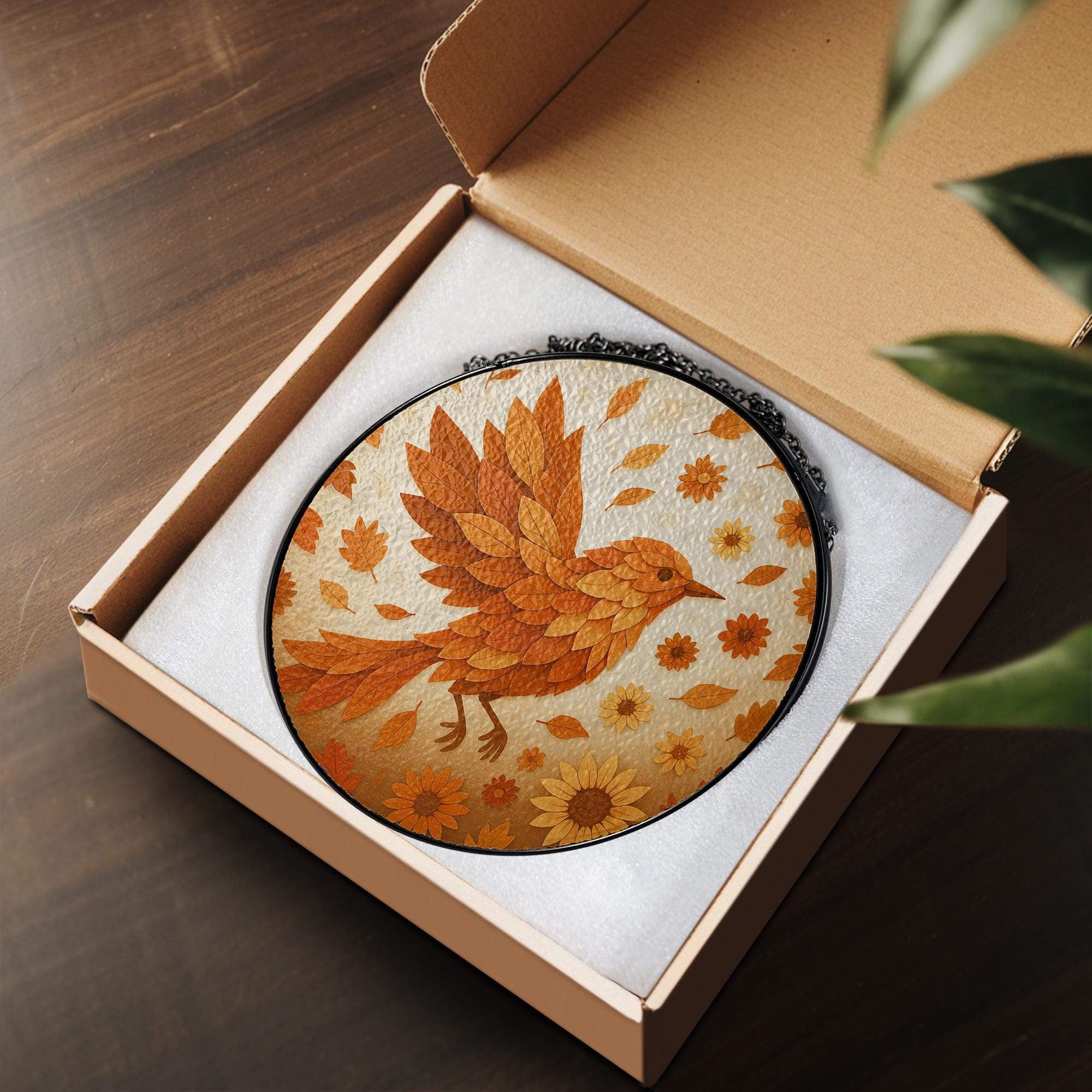 Autumn Bird Glass Suncatcher, Real Glass Bird with Fall Leaves & Flowers, Handmade Window Hanging, Nature Decor Gift, Cute Gift For Her