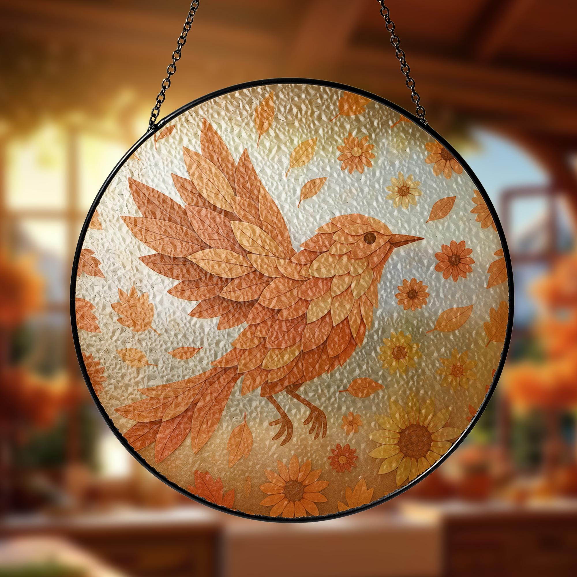 Autumn Bird Glass Suncatcher, Real Glass Bird with Fall Leaves & Flowers, Handmade Window Hanging, Nature Decor Gift, Cute Gift For Her